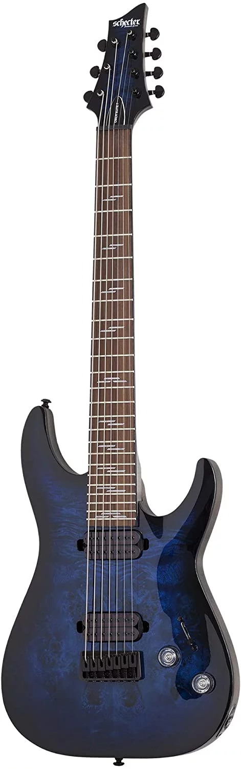Schecter 2458 Omen Elite 7 Guitar, Rosewood Fretboard, See Thru Blue Burst
