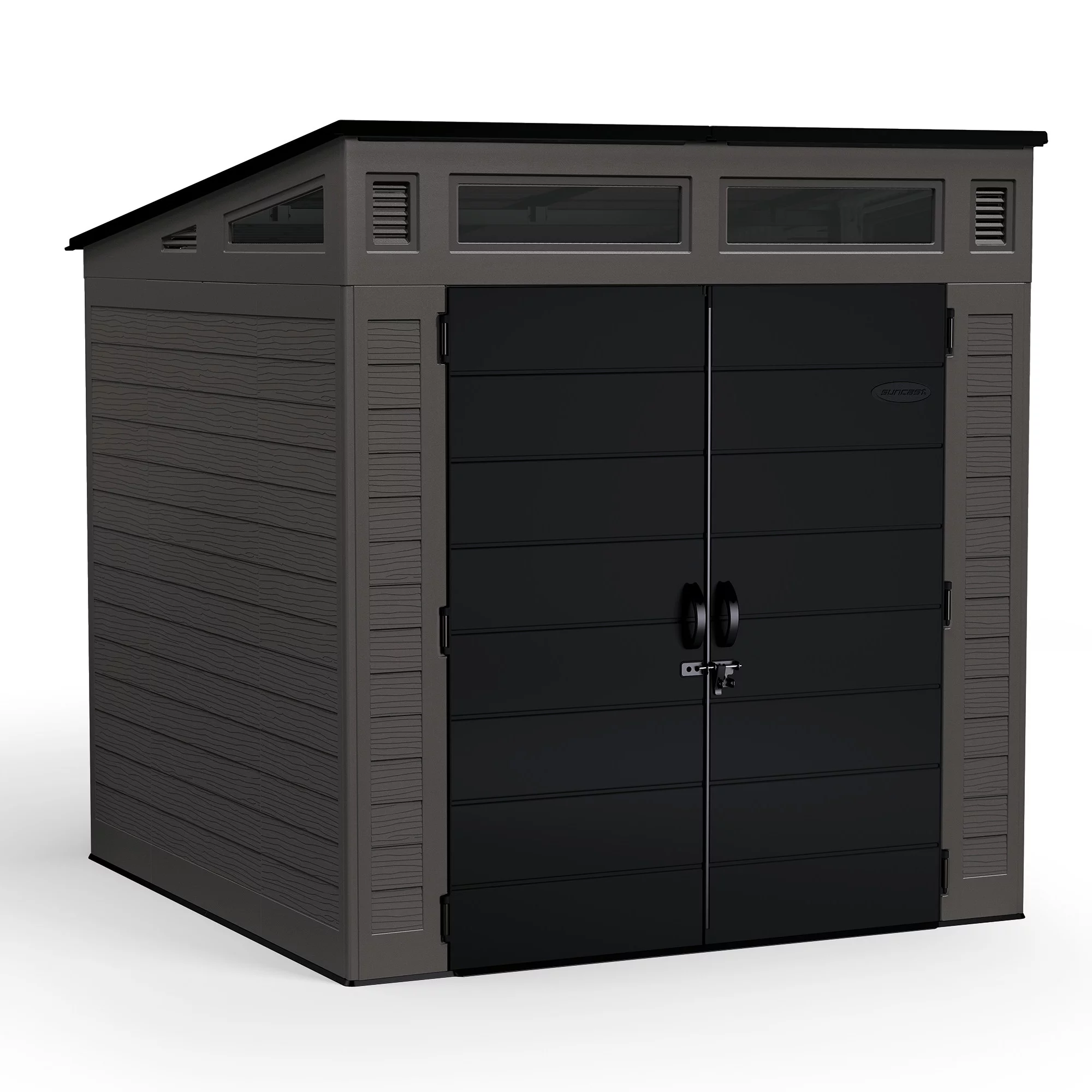 Suncast Resin Modernist Outdoor Storage Shed, Black and Gray, 86.5 in D x 89.5 in H x 87.5 in W