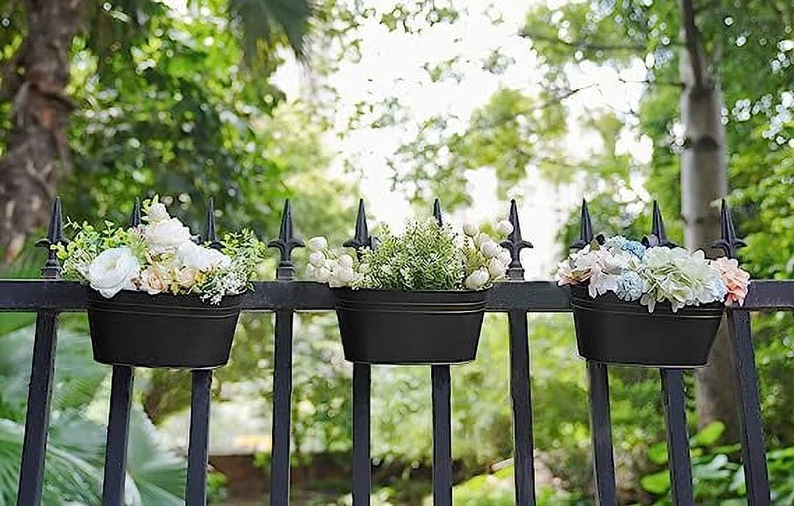 Nvzi Metal Iron Hanging Flower Pots for Railing Fence Hanging Bucket Pots Countryside Style Window Flower Plant Holder with Detachable Hooks Home Decor,White,3 Pcs