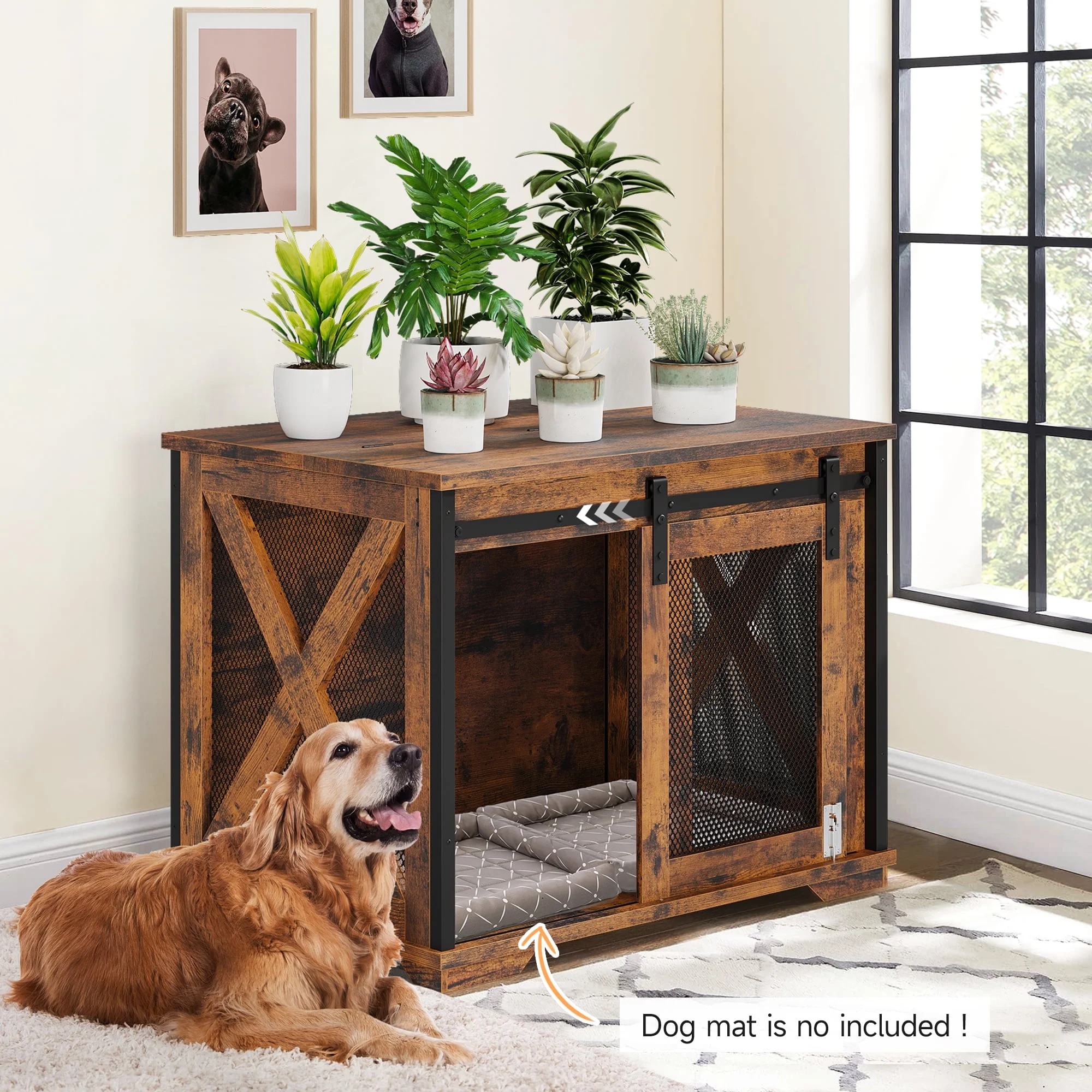 37'' Dog Crate Furniture Side End Table with Flip Top and Movable Divider, Wooden Dog Crate Table Large, Style Dog Kennel Side End Table