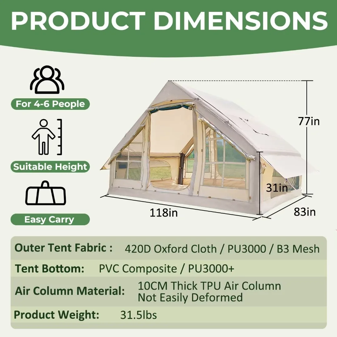 Docred Inflatable Glamping Tent with Pump, 4-6 Person Extra Large Inflatable House Tents ,Glamping Tents Sun Shelter with Mesh & Chimney Window