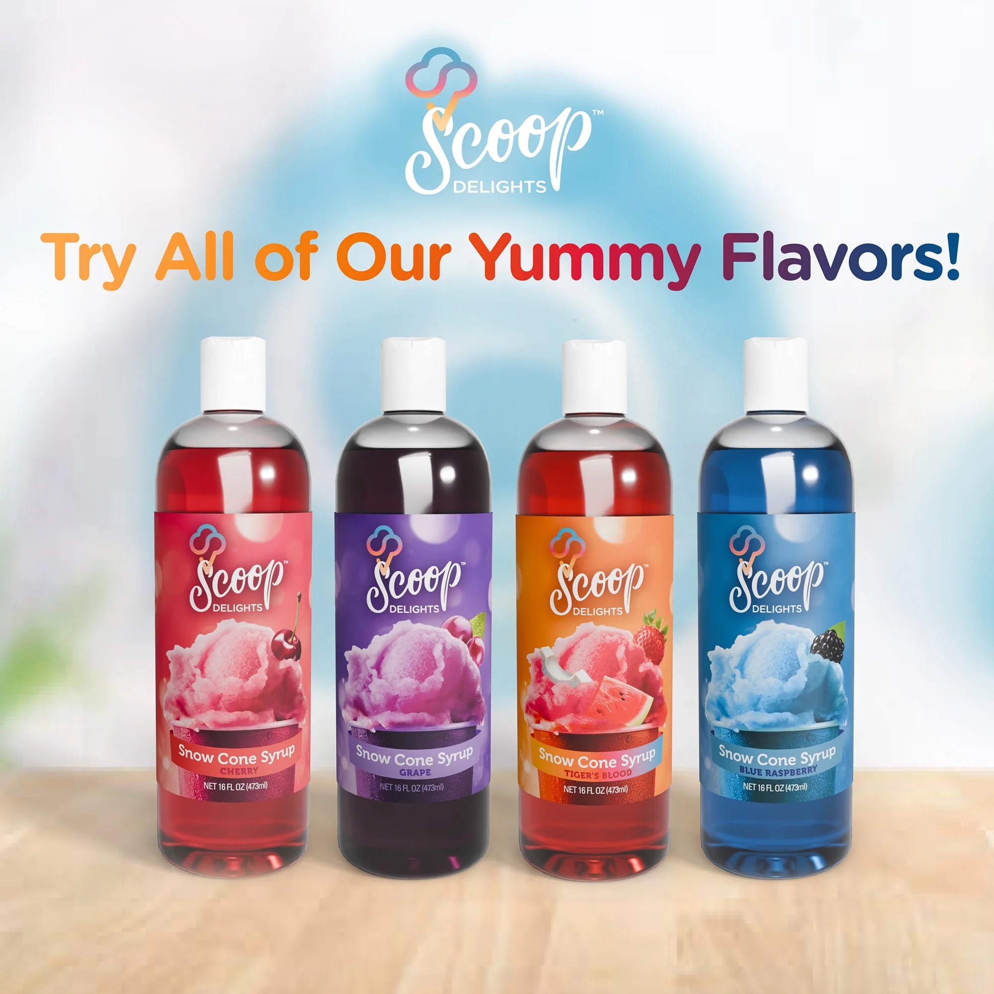 Scoop Delights Shaved Ice Syrup 4 Assorted Bottles, 16 oz Snow Cone Flavors, for All Ages