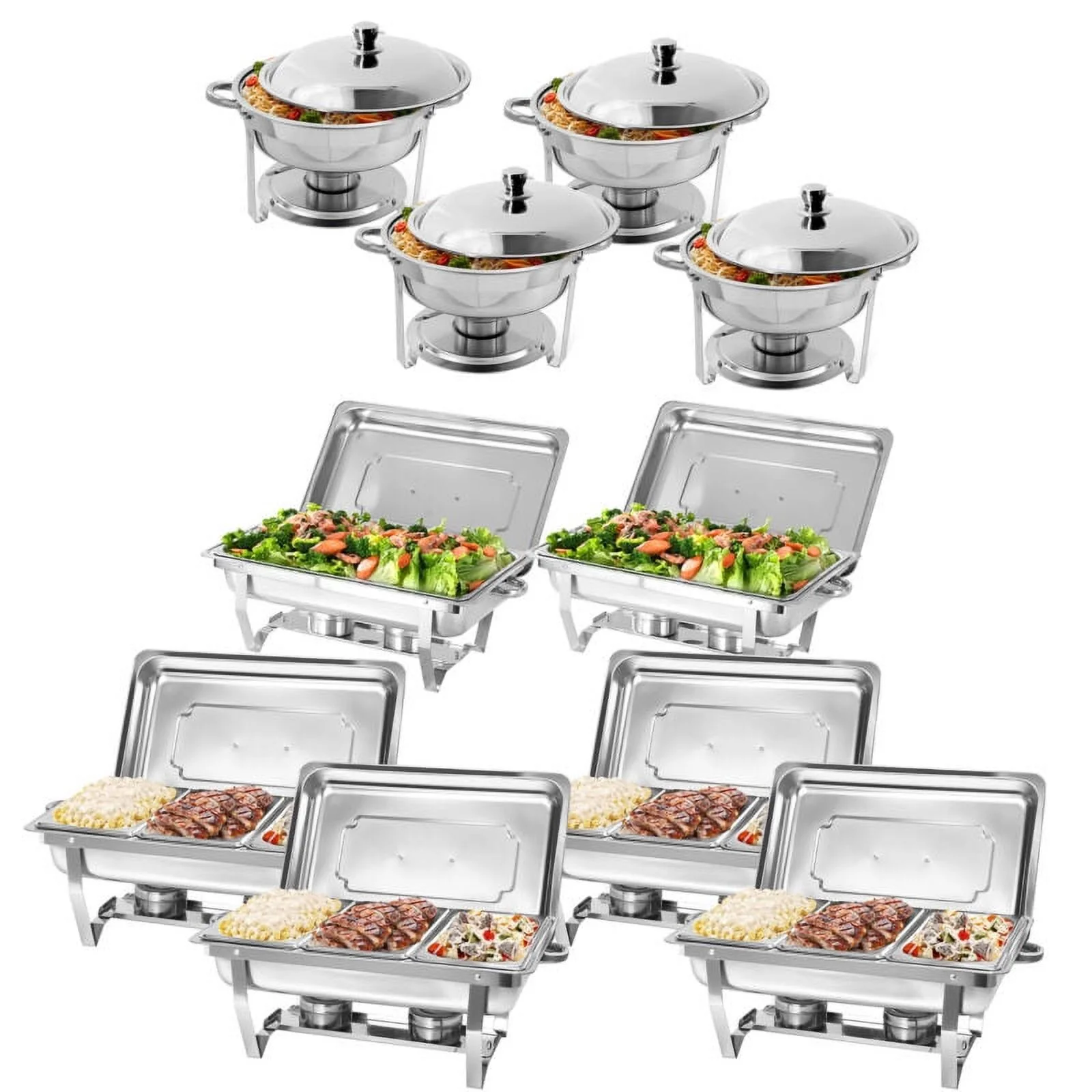 JSTUOKE Chafing Dish Set 10 Pack,2 Full Pan+4 1/3 Pan Rectangular 8QT +4 Round 5QT for Catering Party Festival