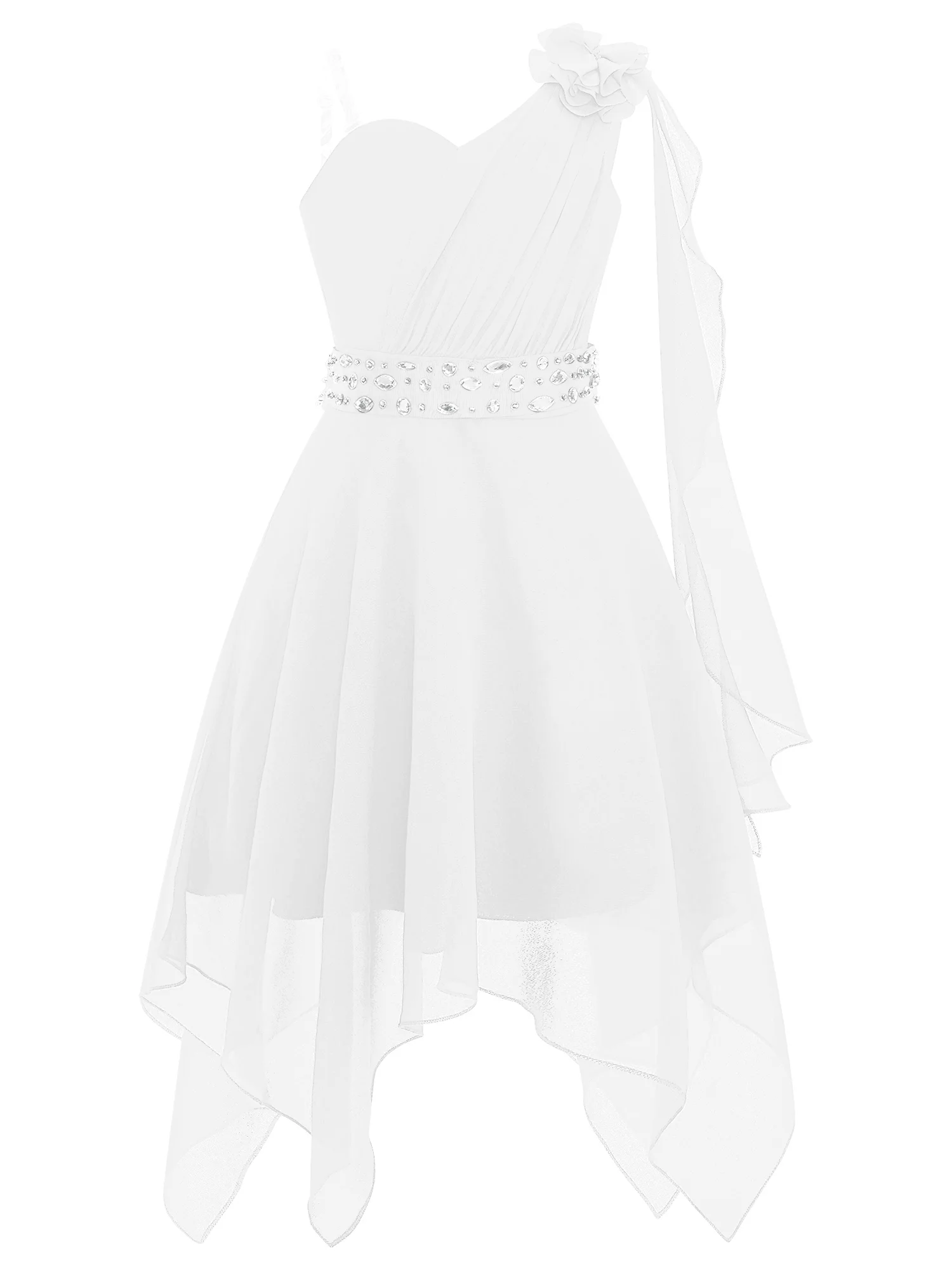 Zaldita Kids One Shoulder Flower Girl High Low Dress Pleated Chiffon Junior Bridesmaid Dresses White 10