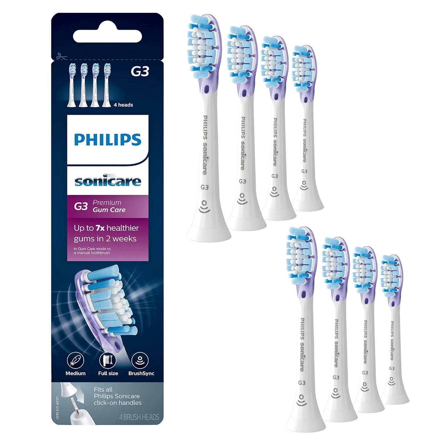 G3 Premium Gum Care Toothbrush Replacement Heads, Compatible with Philips Sonicare Click-on Handle Electric Toothbrush Brush Heads, HX9054, 8 Brush Heads, White