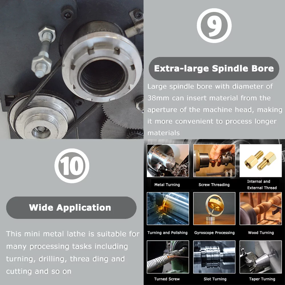 Mini Metal Bench Lathe Variable Speed Precision Inch Instrument Machine Threaded Version WM210V 900W 8