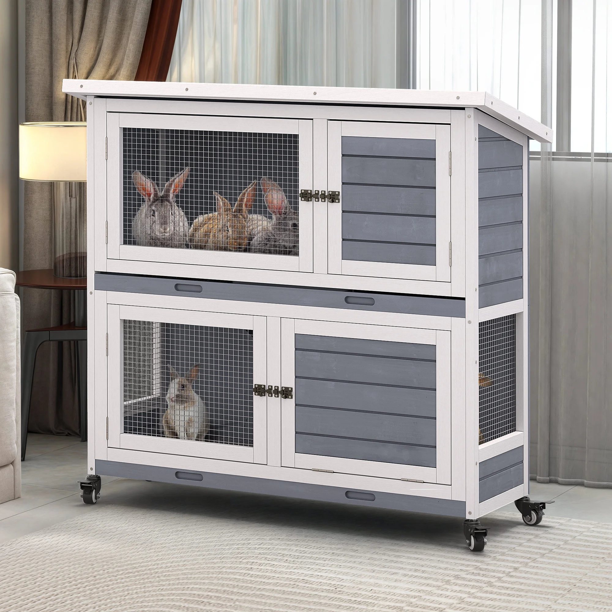 Dextrus Rabbit Hutch Bunny Cage Indoor Outdoor with Removable Tray and Wheels
