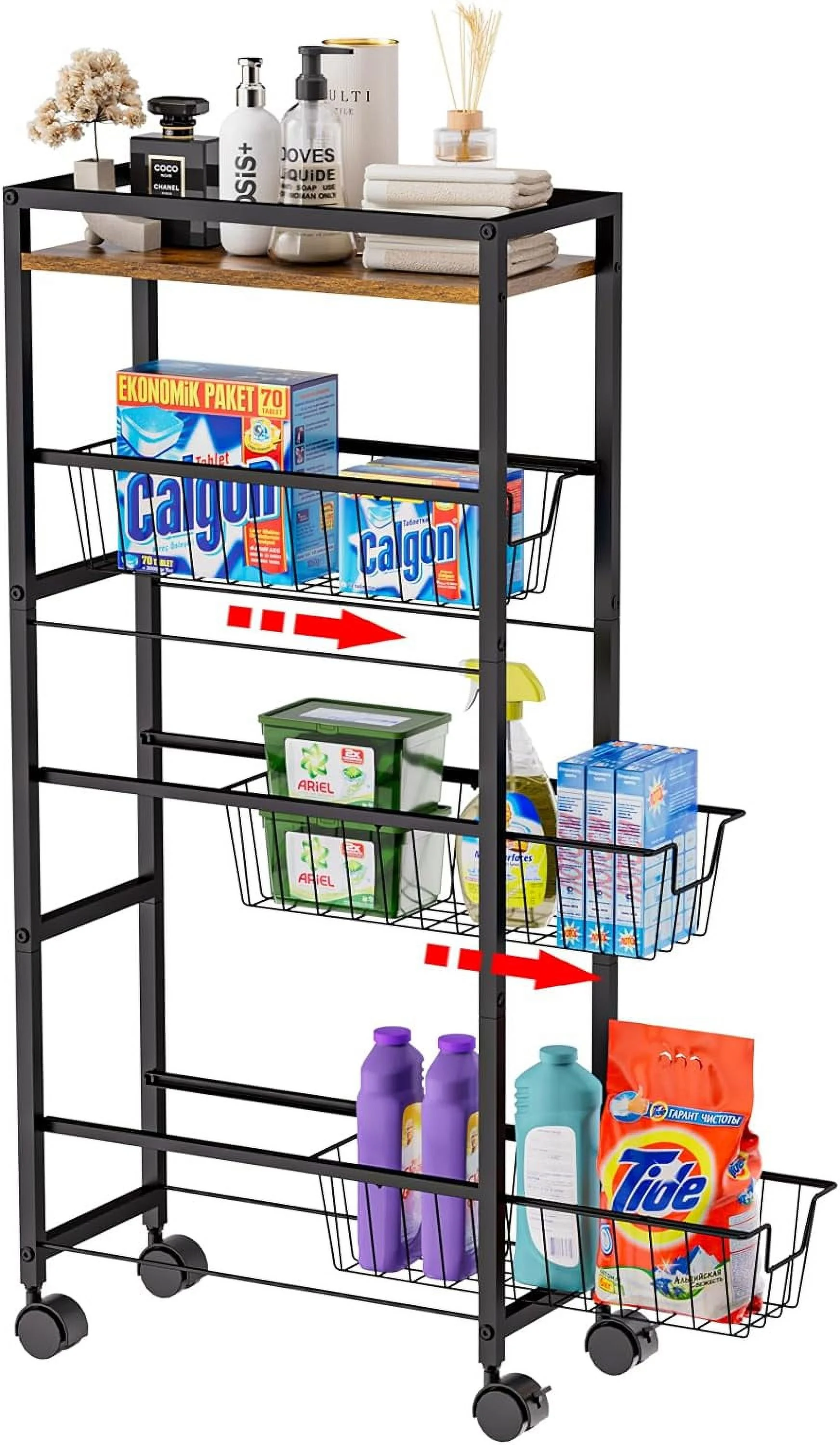 4-Tier Slim Storage Cart with Wheels,X-cosrack Rolling Utility Cart with Slide-Out Wire Baskets & Wooden Tabletop,Mobile Shelving Unit for Bathroom Kitchen Laundry Narrow Places