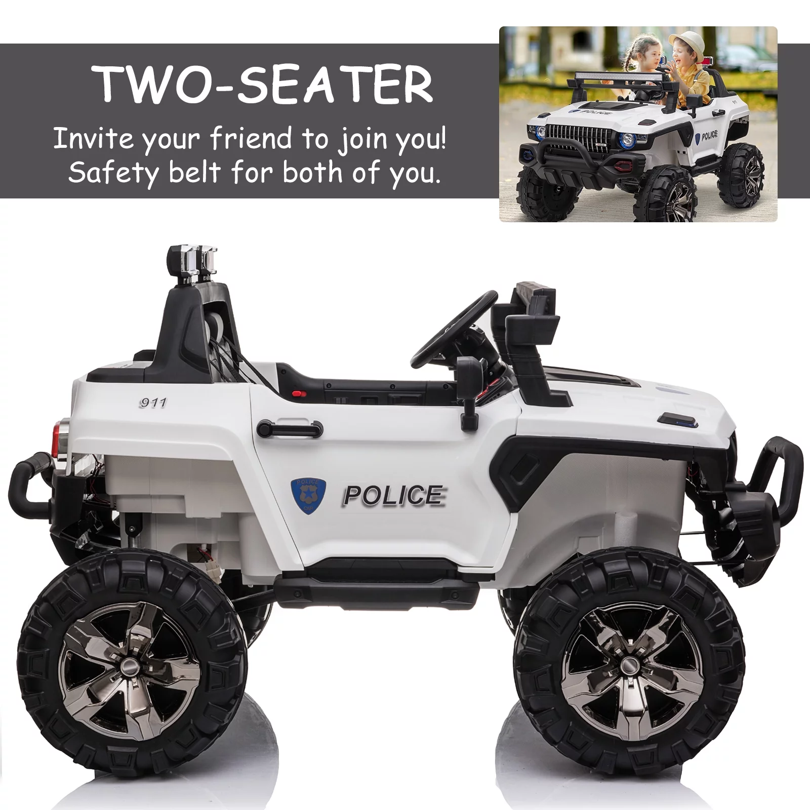 Aosom 12V Kids Electric 2-Seater Ride on Police Car SUV Truck Toy with Parental Control, White