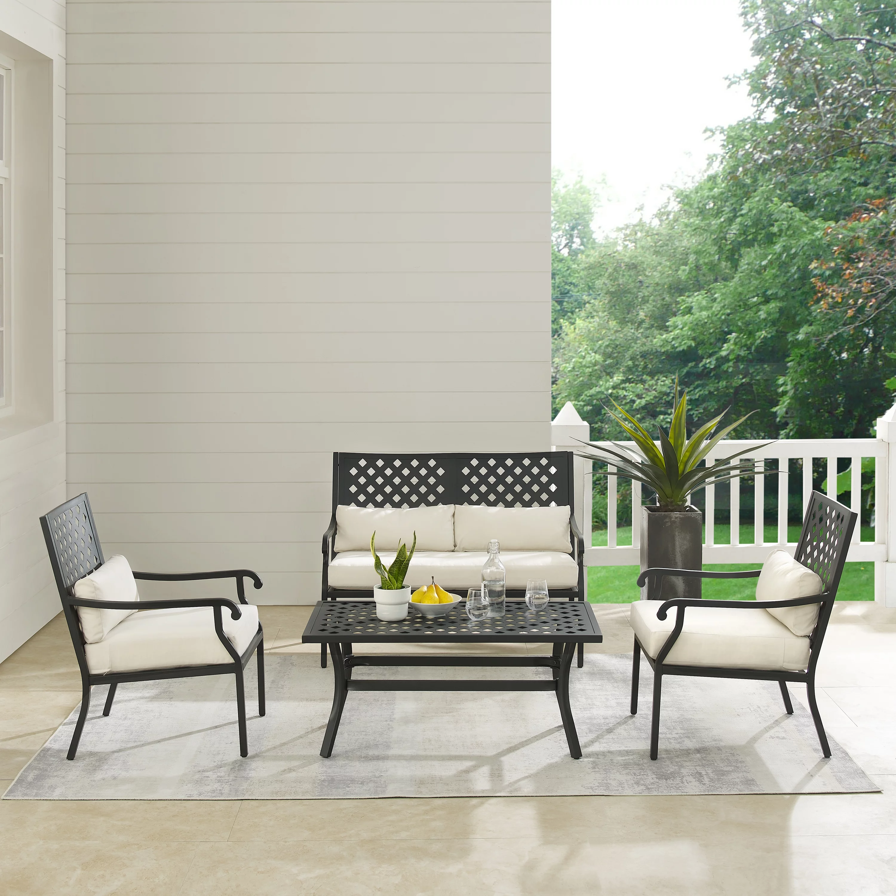 Alistair 4Pc Outdoor Metal Conversation Set Creme/Matte Black - Loveseat, Coffee Table, & 2 Armchairs