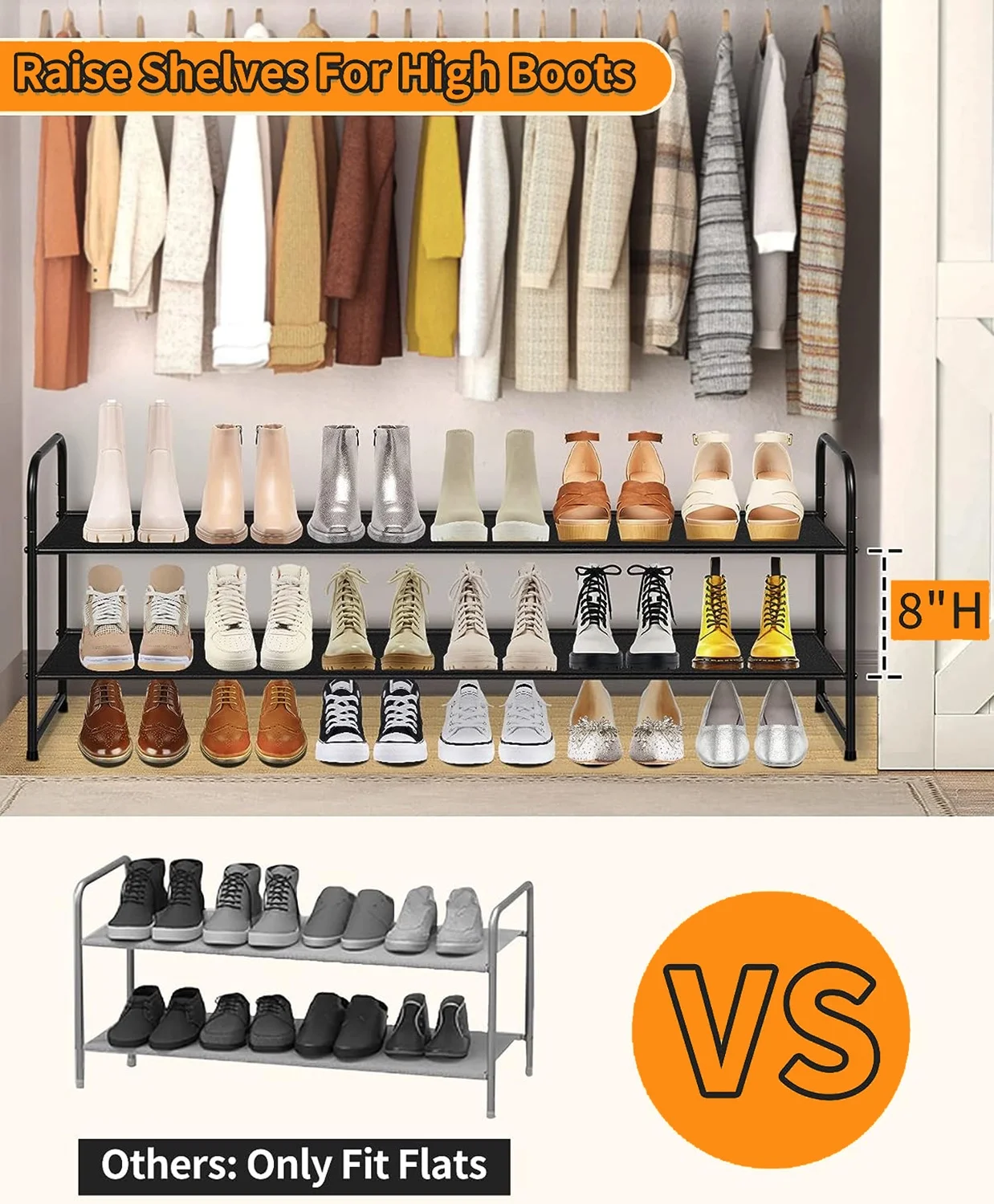 MISSLO Stackable Long Shoe Rack, 2-Tier Wide Shoe Rack Organizer Holds 18-Pairs Shoe Stand Shelf Storage for Closet, Bedroom, Floor, Entryway (Black)