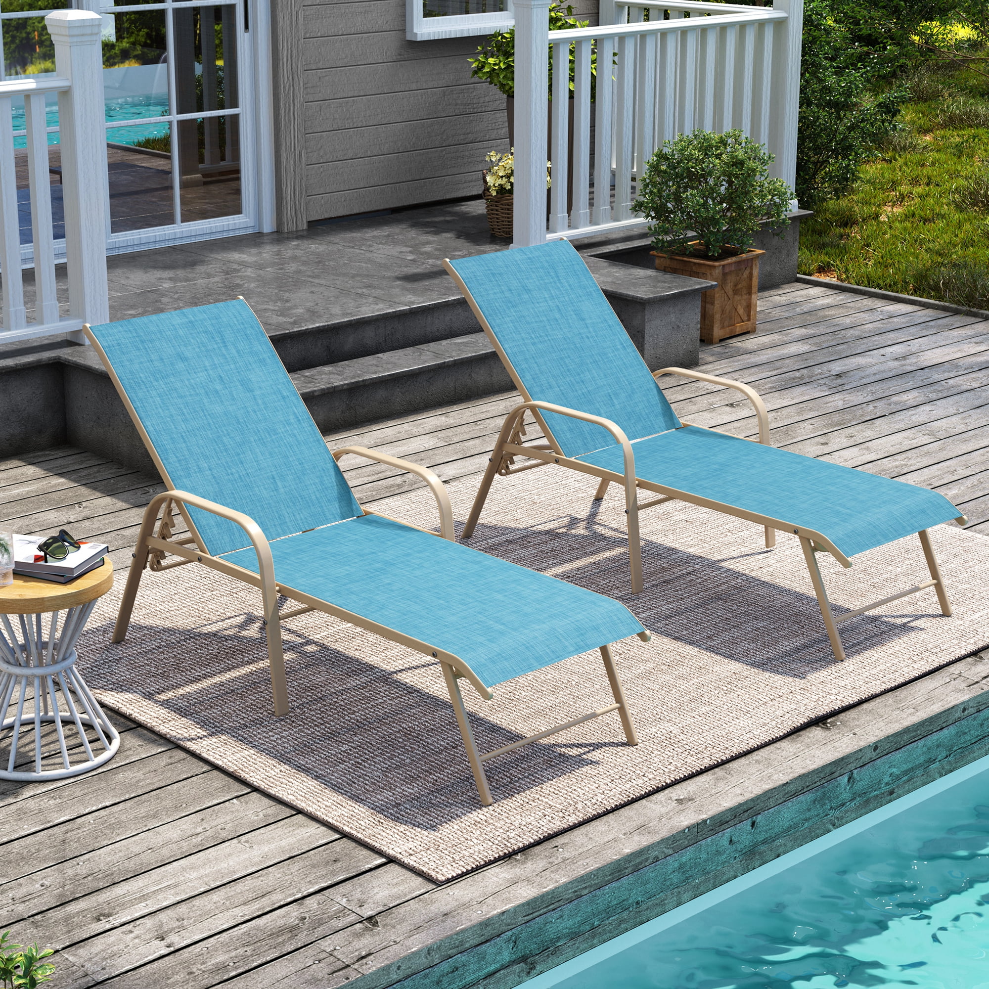 Pellebant Set of 2 Outdoor Chaise Lounge Chairs Aluminum Patio Folding Recliners ,Blue