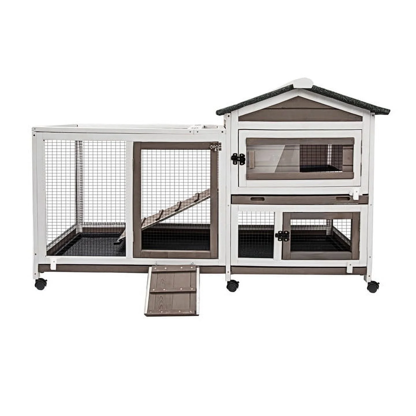 Petscosset Rabbit Hutch Indoor - Bunny Hutch Indoor Upgrade Greywhite Rabbit Cage Wooden Rabbit House with Wheels, Ramp, Openable Roof for Rabbits Guinea Pig Hamster Ferret