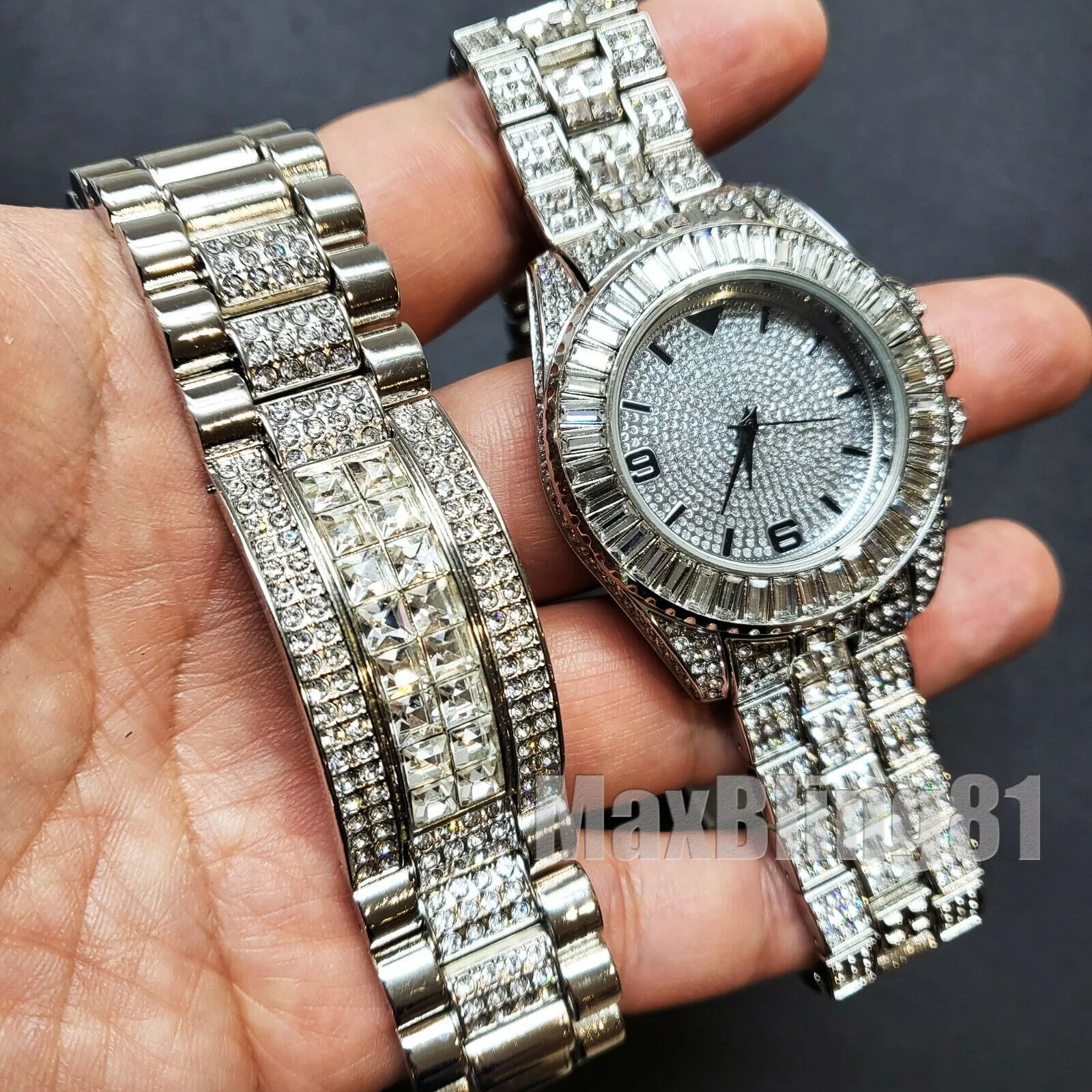 HIP HOP SILVER PT LUXURY METAL BLING WATCH & ICED BAGUETTE STONE BRACELET SET