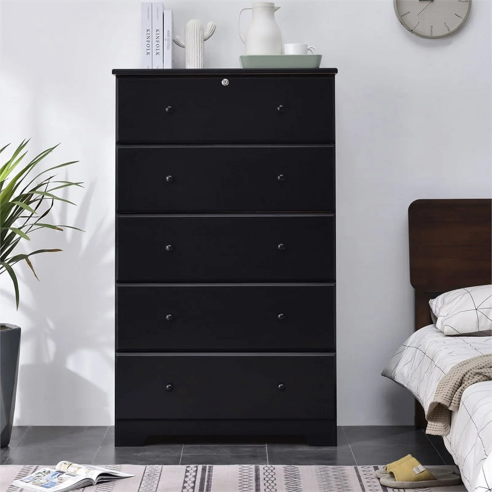 Home Square 2-Piece Set with Full Bed and 5-Drawer Chest Dresser in Black