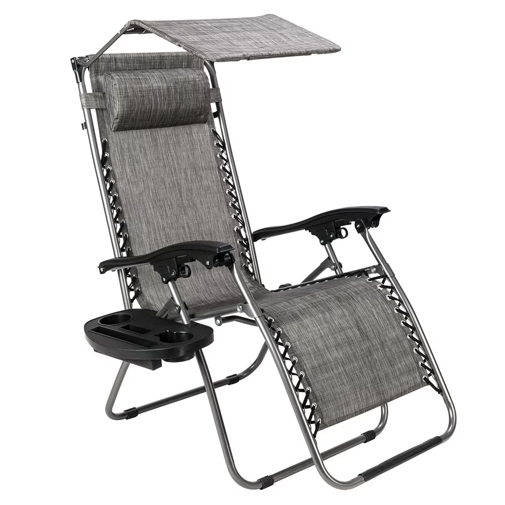 Infinity Zero Gravity Chair with Awning  Outdoor Lounge Patio Chairs with Pillow and Utility Tray Adjustable Folding Recliner for Deck,Patio,Beach,Yard,Grey