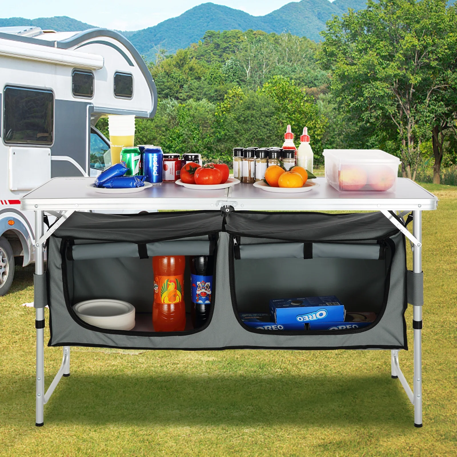 VEVOR Camping Kitchen Table Portable Outdoor Cooking Table Folding Camping Table, Adjustable Heights, Ideal for Outdoor Picnics, BBQs, Camping, RV Traveling, Gray