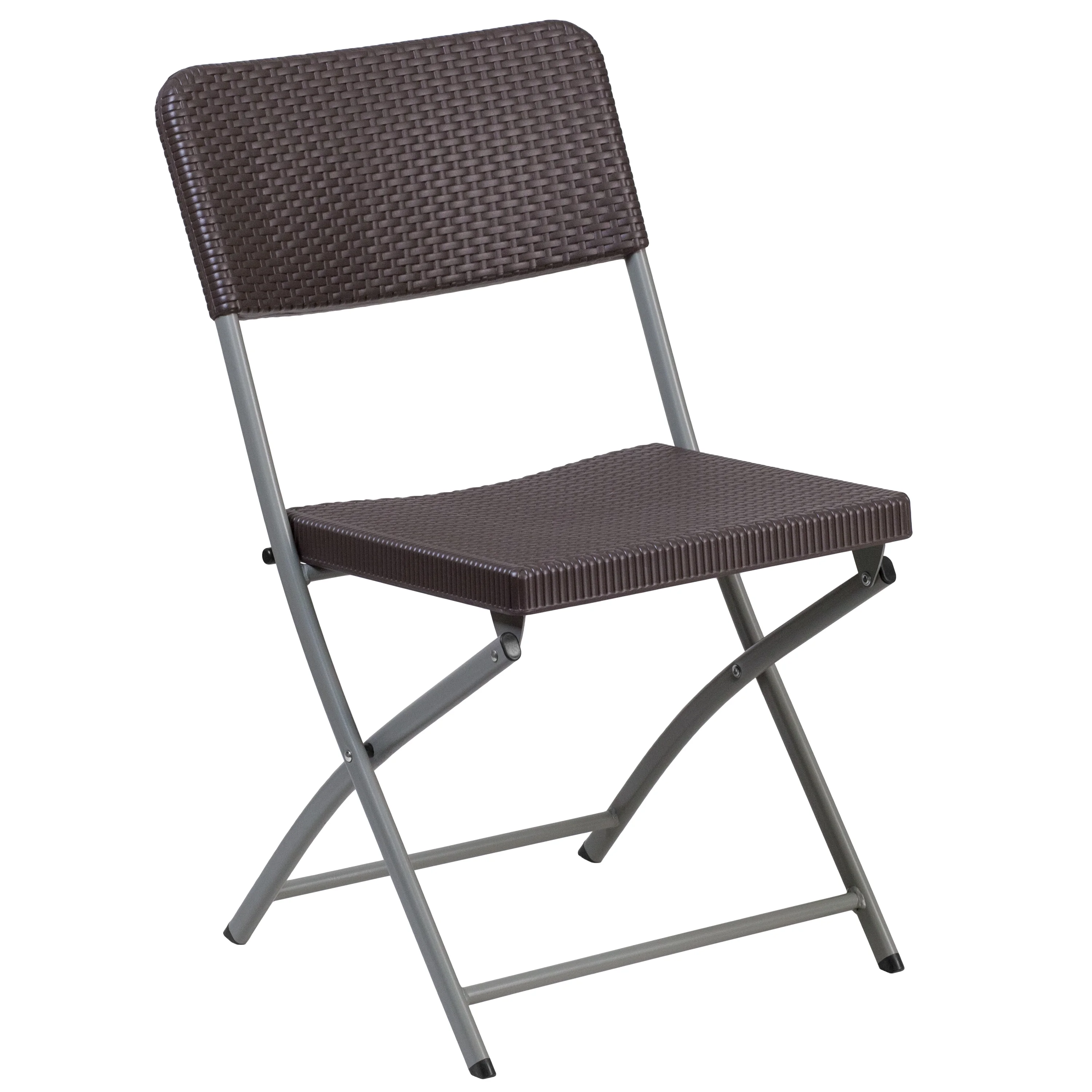 BizChair 2 Pack Brown Rattan Plastic Folding Chair with Gray Frame
