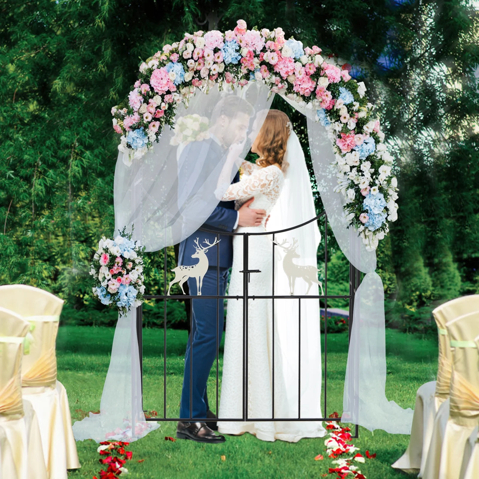 Kinbor 7.8Ft Decorative Steel Garden Arch Arbor Trellis with Gate, Heavy-Duty Arbour Pergola,Outdoor Garden Archway, Black