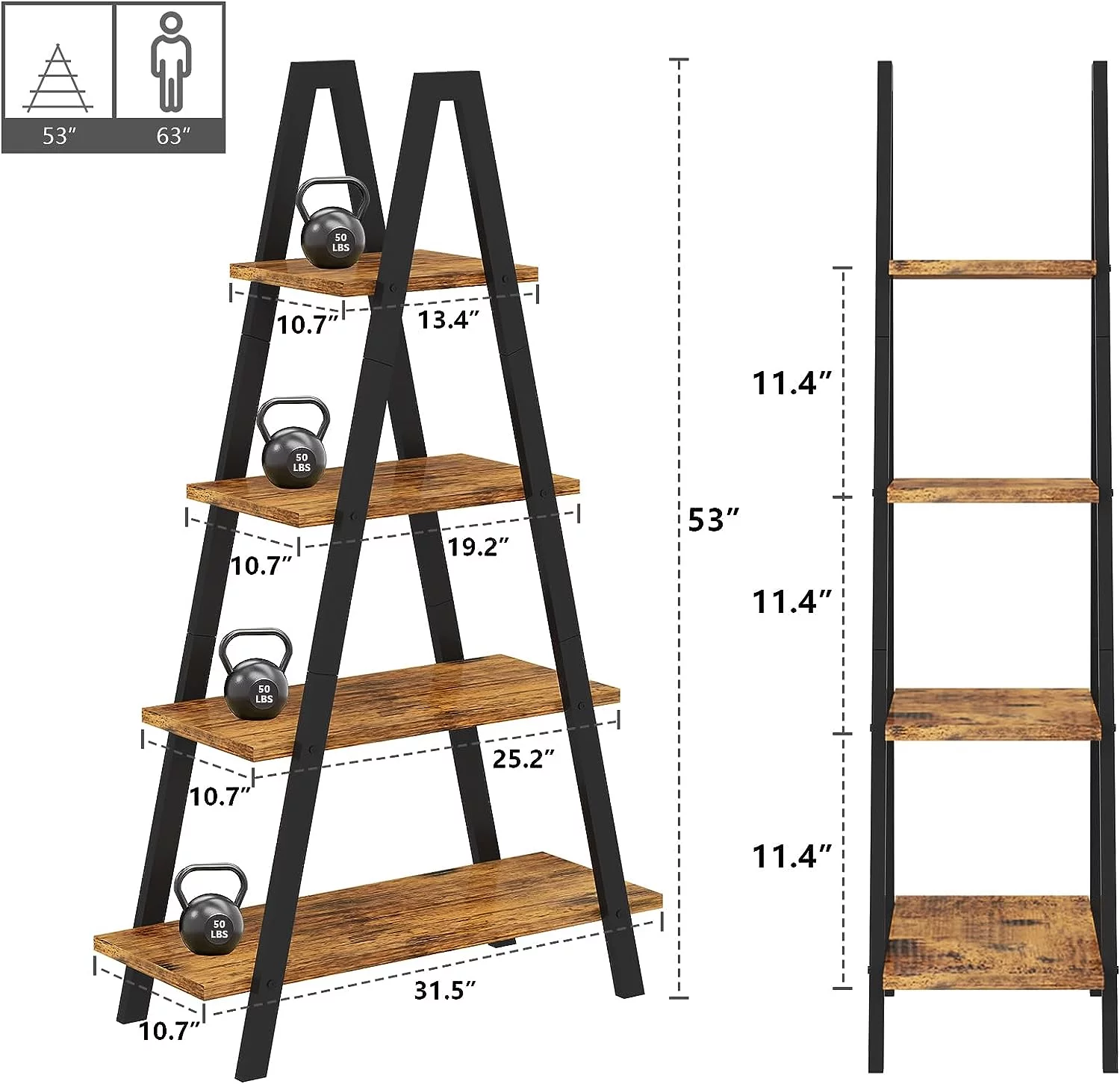 Recaceik 4-Tier Ladder Bookshelf, A-Shaped Bookcase Open Display Shelves with Metal Frame