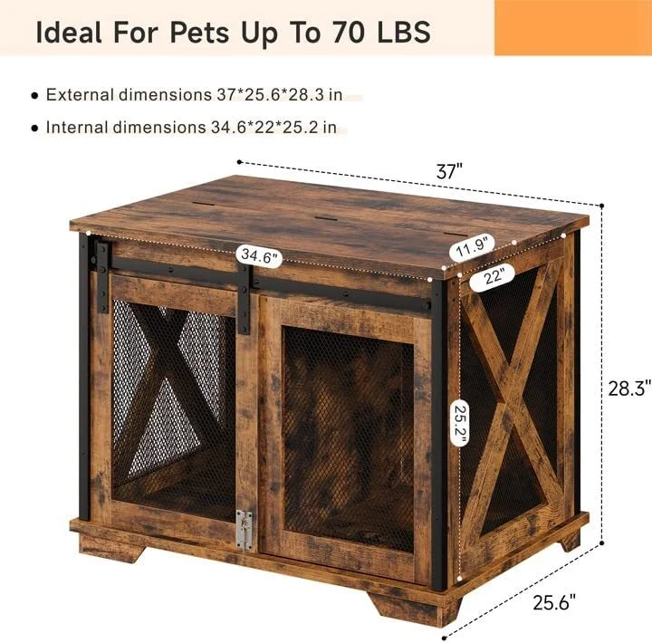 37'' Dog Crate Furniture Side End Table with Flip Top and Movable Divider, Wooden Dog Crate Table Large, Style Dog Kennel Side End Table