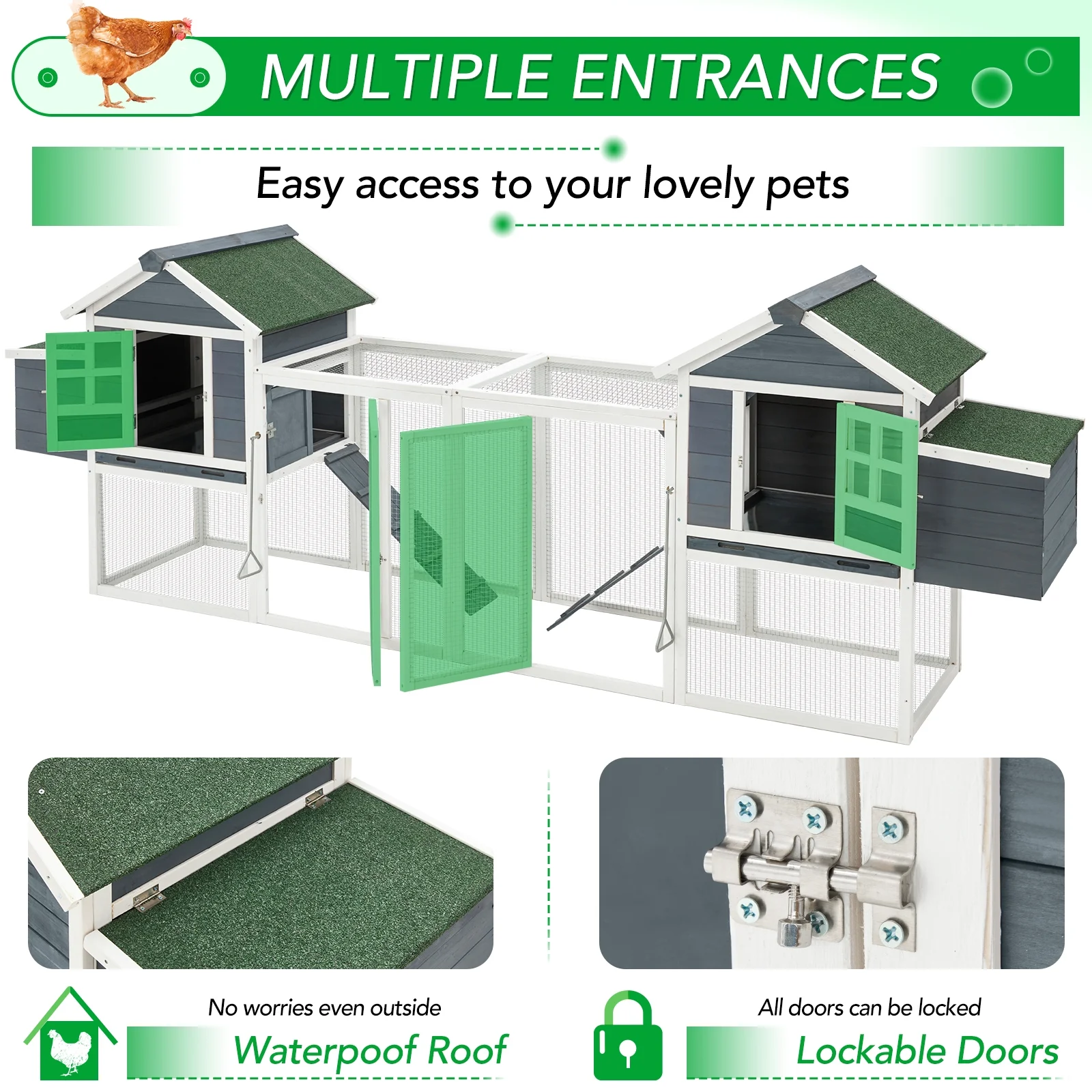 YODOLLA 123“ Large Wooden Chicken Coop with Run Wooden Hutch Poultry Cage Hen House with Nesting Boxes in Gray