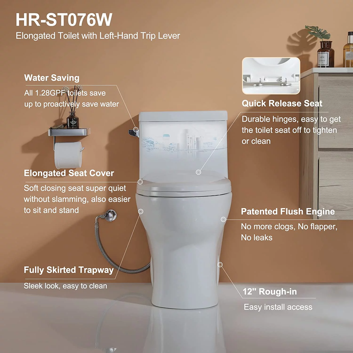 HOROW One Piece Elongated Toilet with Left-Hand Trip Lever, 1.28 GPF, 12'' Rough-In Single Side Flush Toilet for Bathroom, with Soft Closing Seat