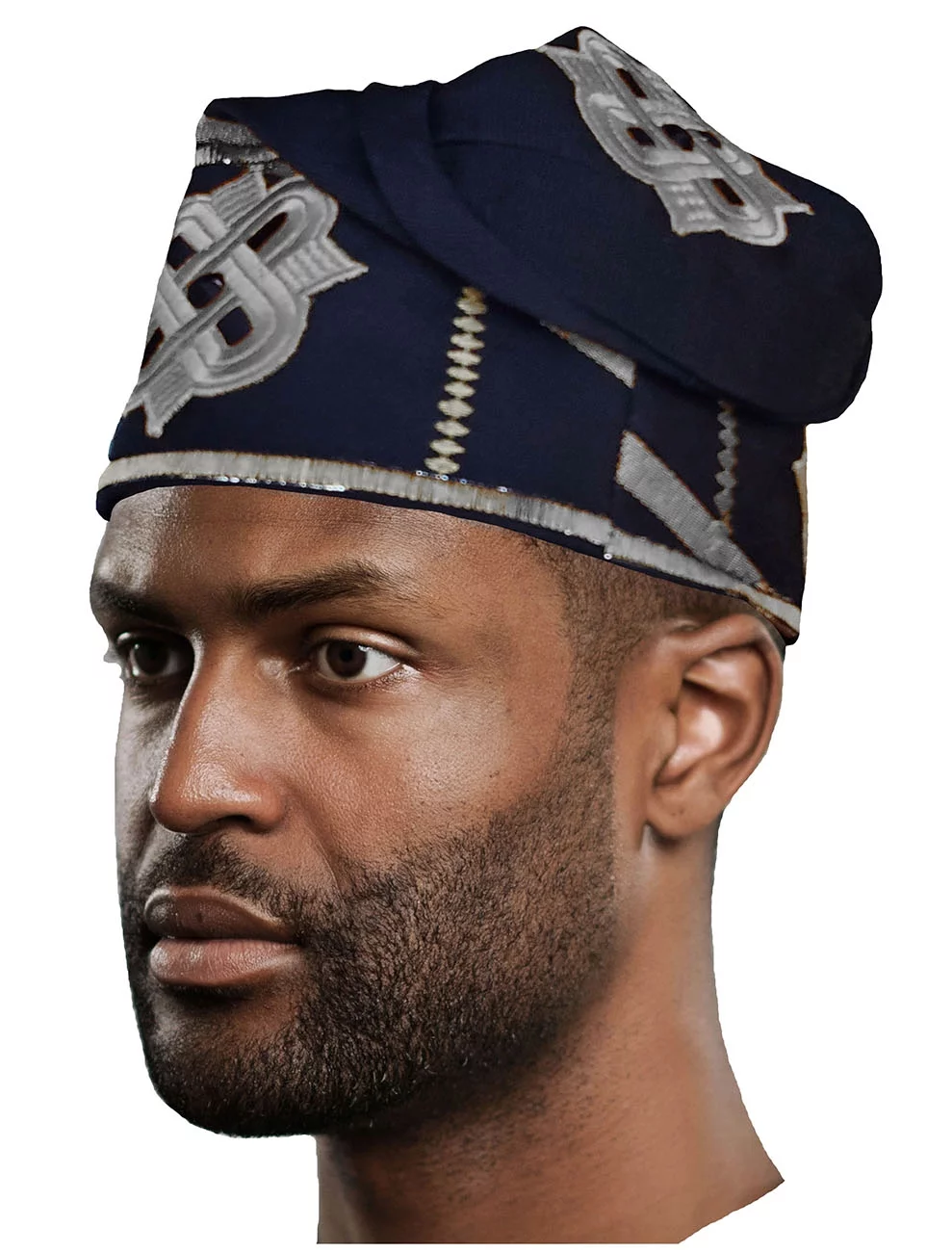 Navy-blue and Silver Embroidered African Hand woven Aso Oke Hat