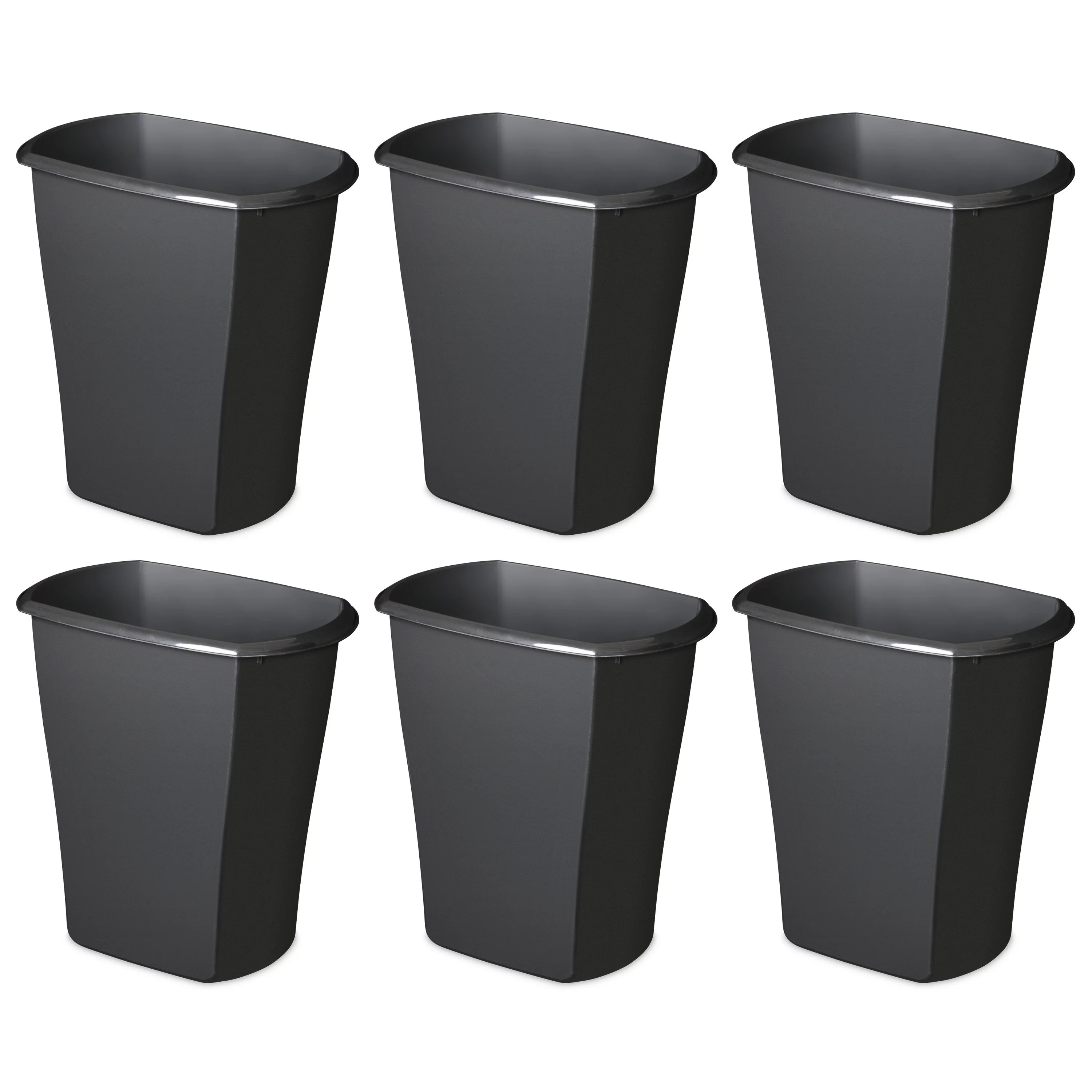 Sterilite 10 Gal. Rectangular Wastebasket Plastic, Black, Set of 6