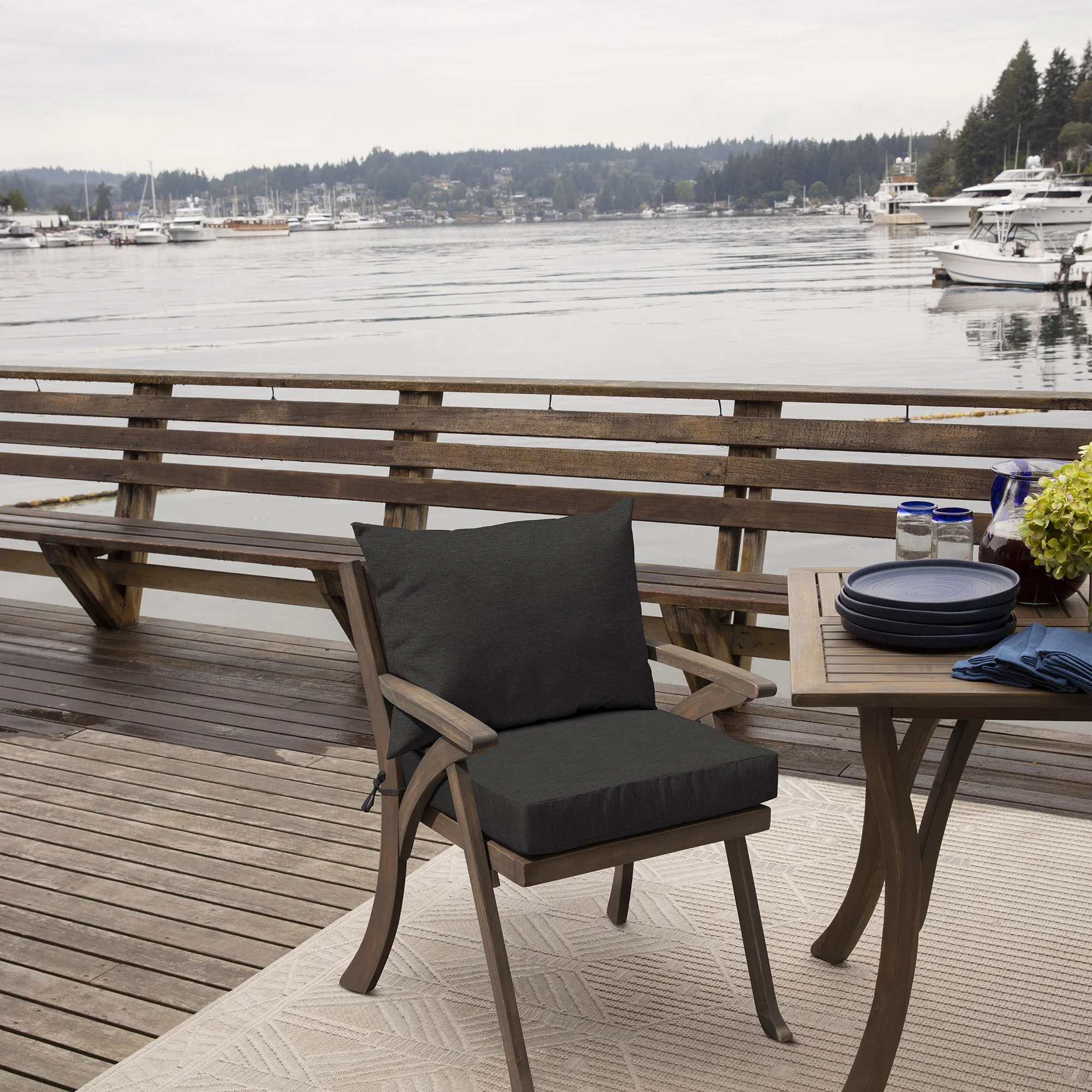 Arden Selections Oceantex Outdoor Dining Chair Cushion Set, 21 x 38, Recycled Fabric, Water Repellent, Fade Resistant 21 x 38, Ink Charcoal Black