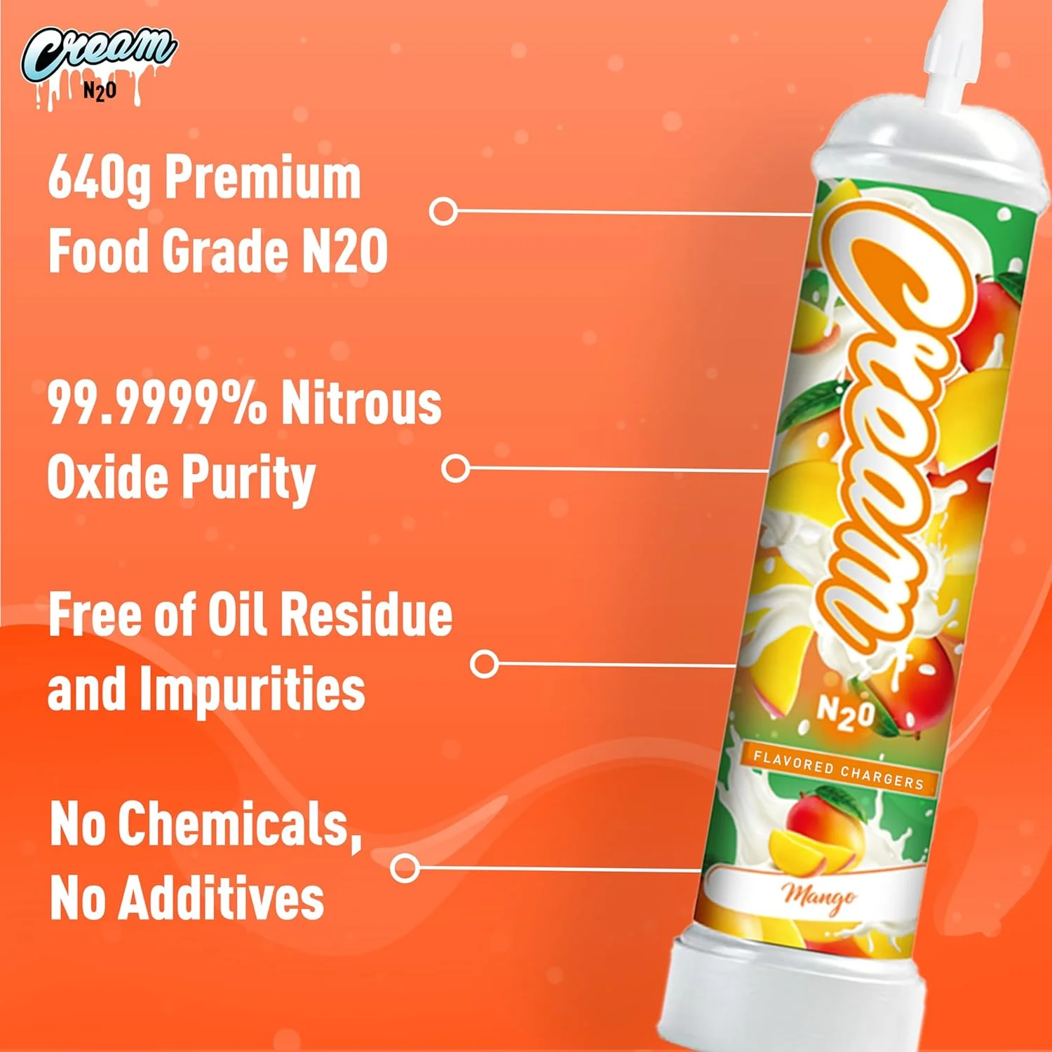 CREAM N2O Nitrous Oxide Whipped Cream Charger (Mango, 1pc, 640g 1.1L) - Nitrous Tank Whip Cream Charger, Nitrous Oxide Canister, N20 Whipped Cream Chargers, Whip It NO2 Cartridges, Nitrous Oxide Tank