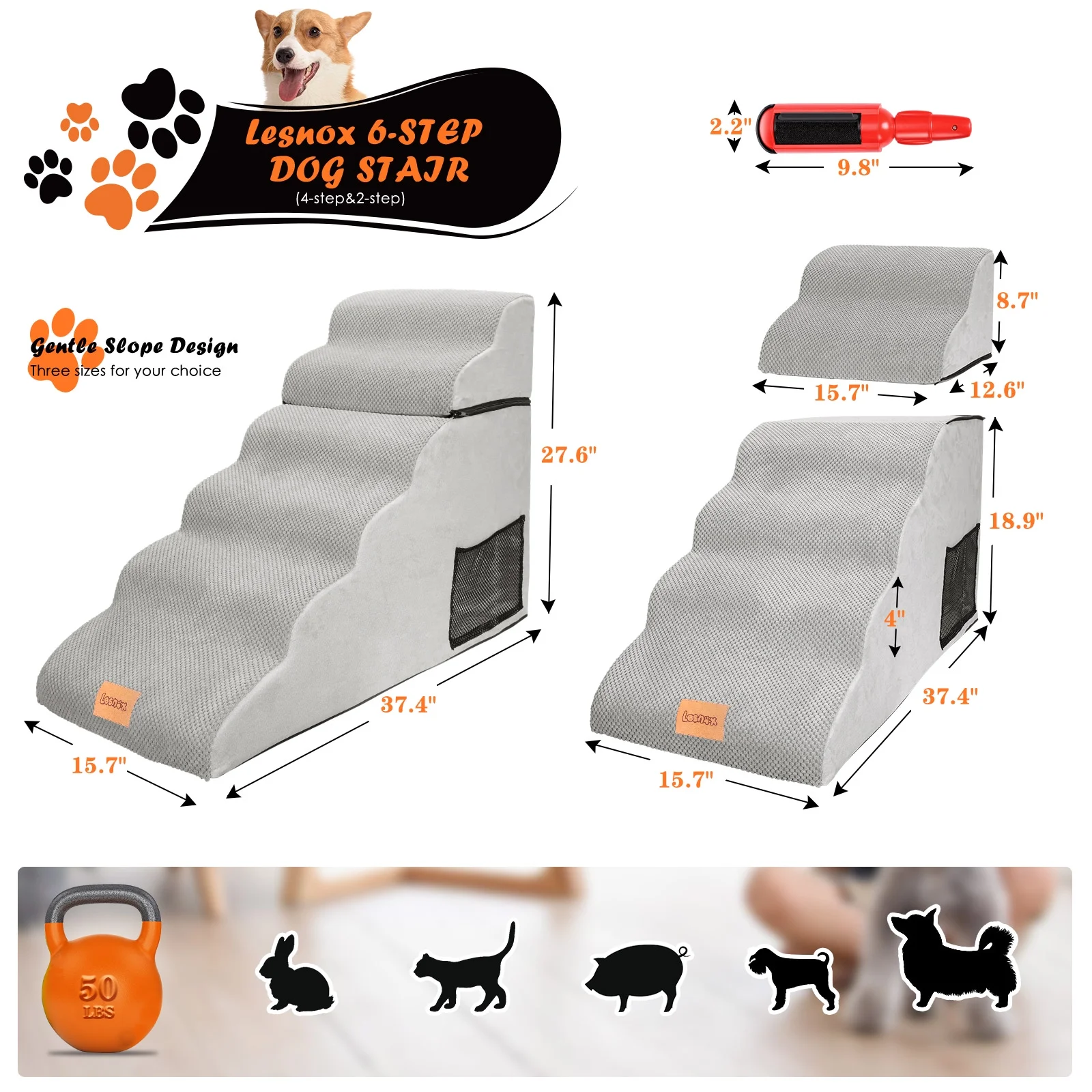 TOPMART 6 Step Pet Stairs for Dogs,Sponge Dog Stairs for High Beds,27.6in High,Grey