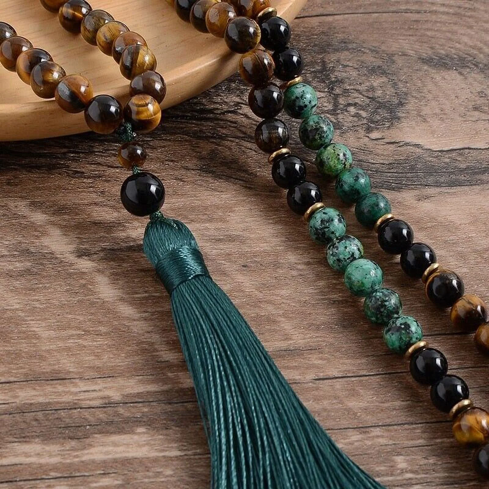 Tiger's Eye Turquoise 108 Mala Bead Prayer Tassel Healing Yoga Necklace Bracelet