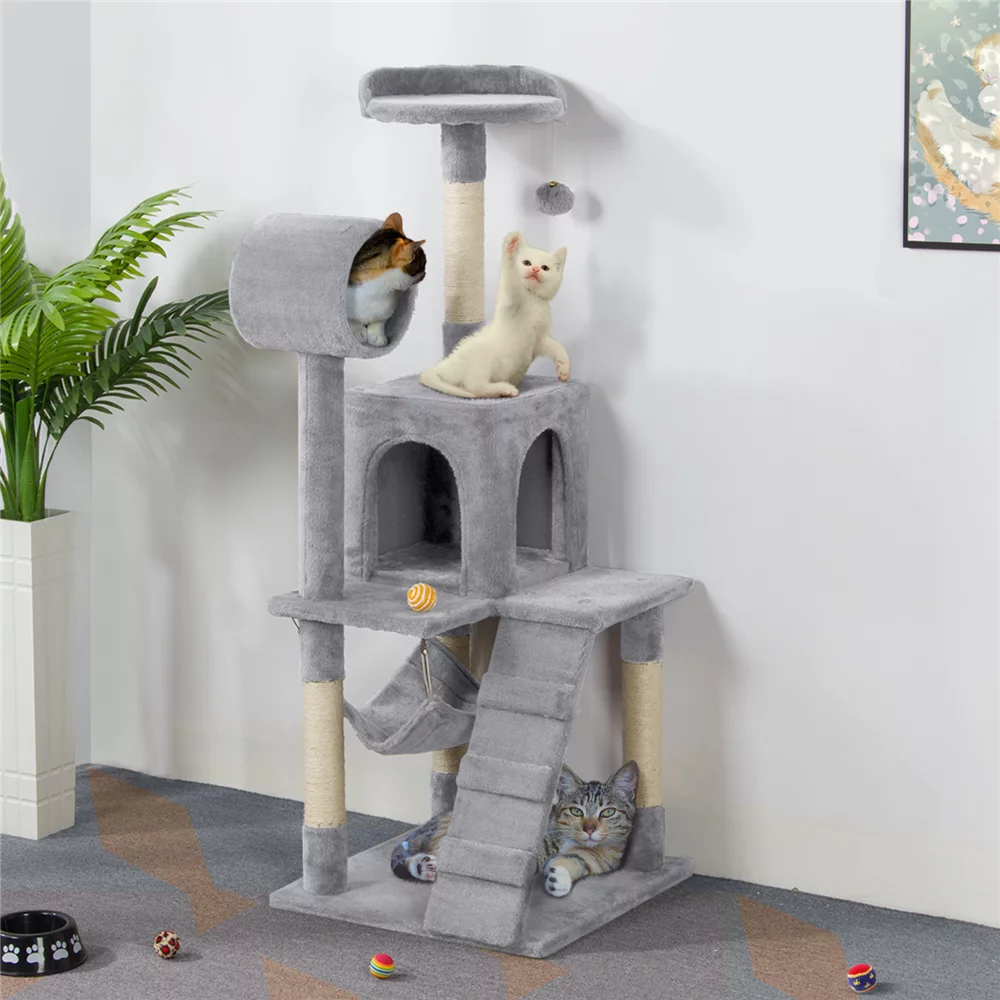 Yaheetech 51'' Cat Tree Condo Multilevel Cat Towers W/ Hammock Tunnel Scratching Post, Light Gray