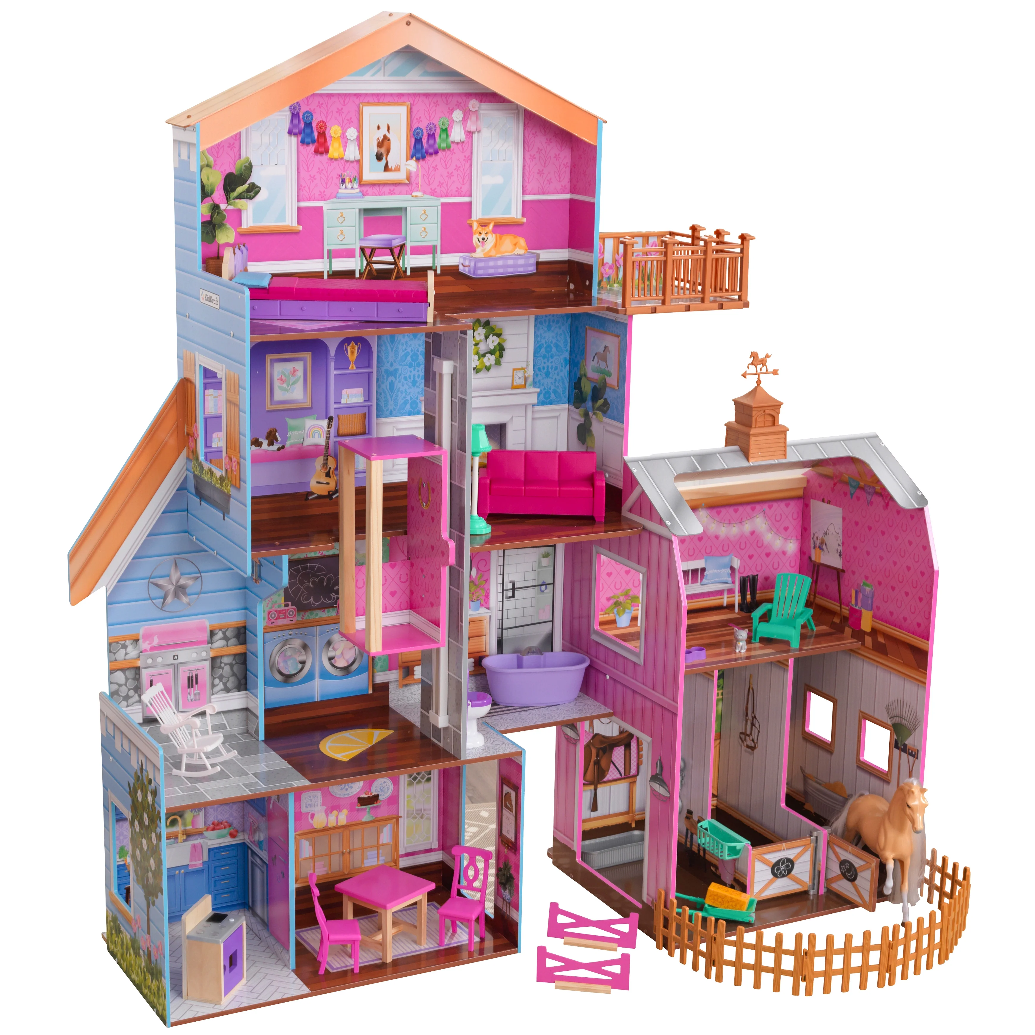 KidKraft Grand Horse Stable Wooden Dollhouse with Bonus Horse Figure, Lights, Sounds and 26 Pieces