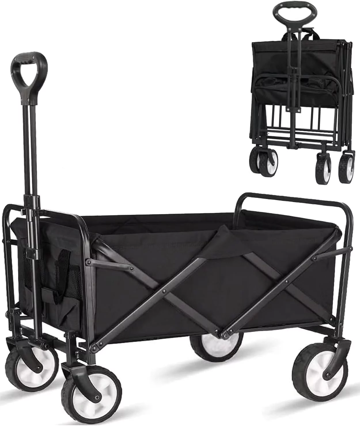 Collapsible Foldable Wagon, Beach Cart Large Capacity, Heavy Duty Folding Wagon Portable, Collapsible Wagon for Sports, Shopping, Camping (Black )