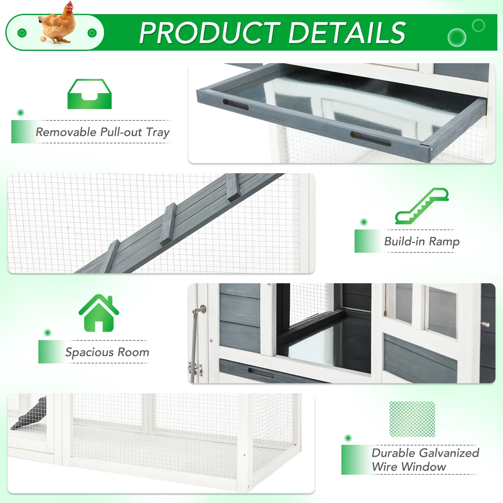 YODOLLA 123“ Large Wooden Chicken Coop with Run Wooden Hutch Poultry Cage Hen House with Nesting Boxes in Gray