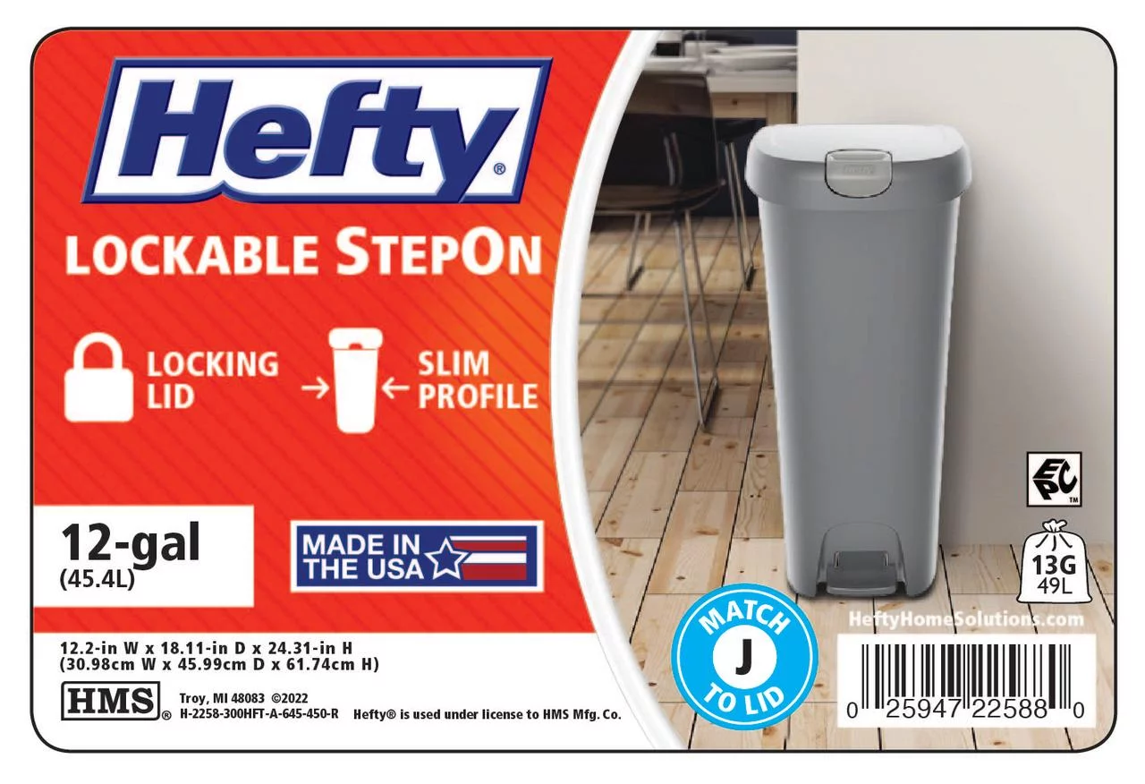 Hefty 12 Gallon Trash Can, Plastic Slim Lockable Step On Kitchen Trash Can, Gray