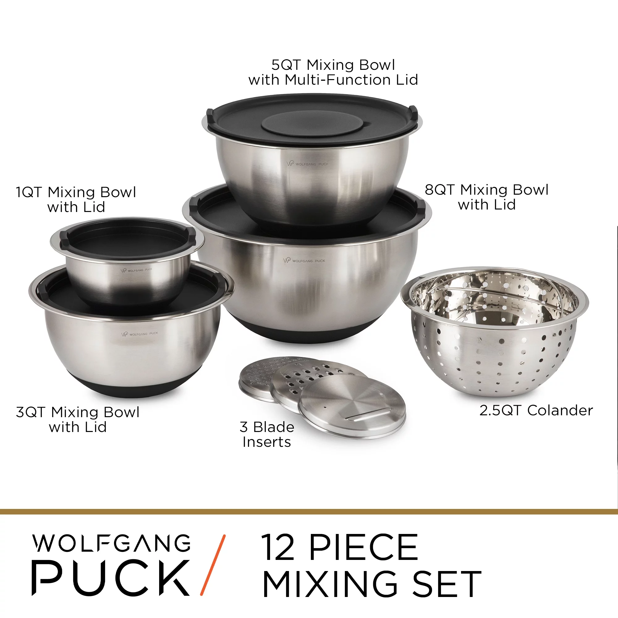 Wolfgang Puck 12-Piece Stainless Steel Mixing Bowl Set, Silicone Grip Bottom, Black