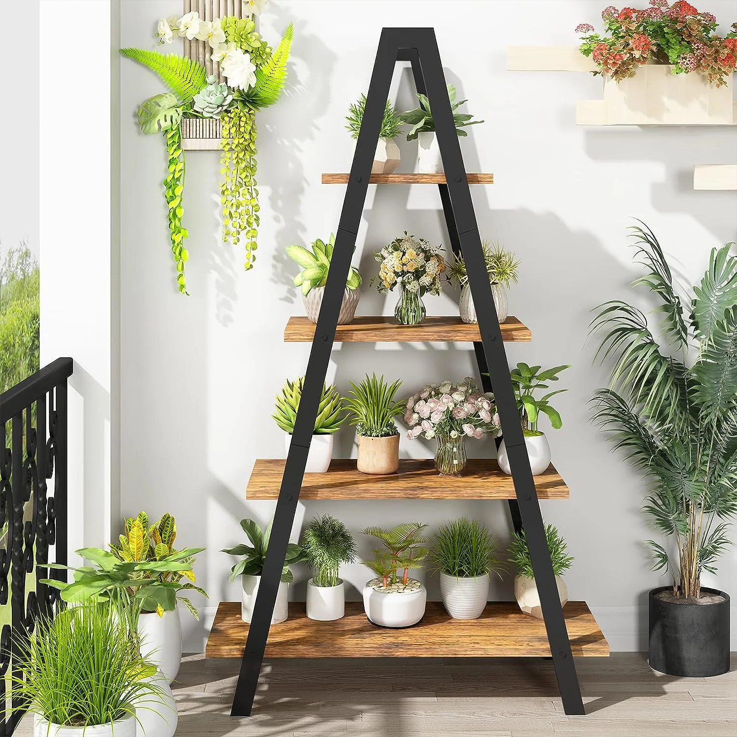 Recaceik 4-Tier Ladder Bookshelf, A-Shaped Bookcase Open Display Shelves with Metal Frame