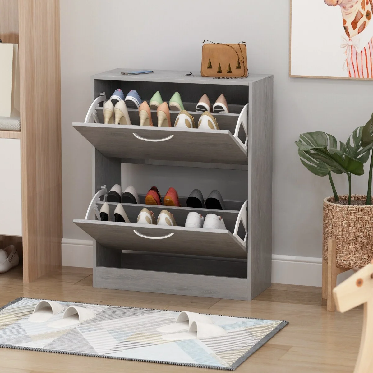 Grey Wood 12-Pair Shoe Storage Cabinet w/ 2 Flip Drawers by Kerrogee