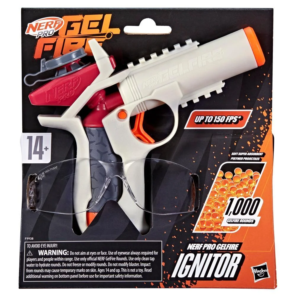 Nerf Pro Gelfire Ignitor Blaster, 1,000 Gelfire Rounds, 60 Round Capacity, T-Pull Priming, Eyewear