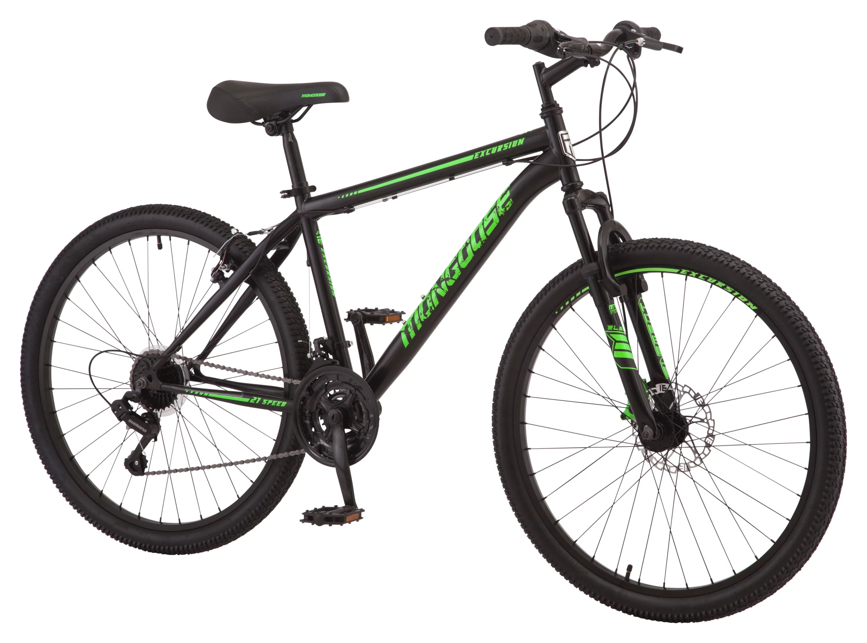 Mongoose Excursion mountain bike, 26 inch wheel, 21 speeds, mens frame, black / green
