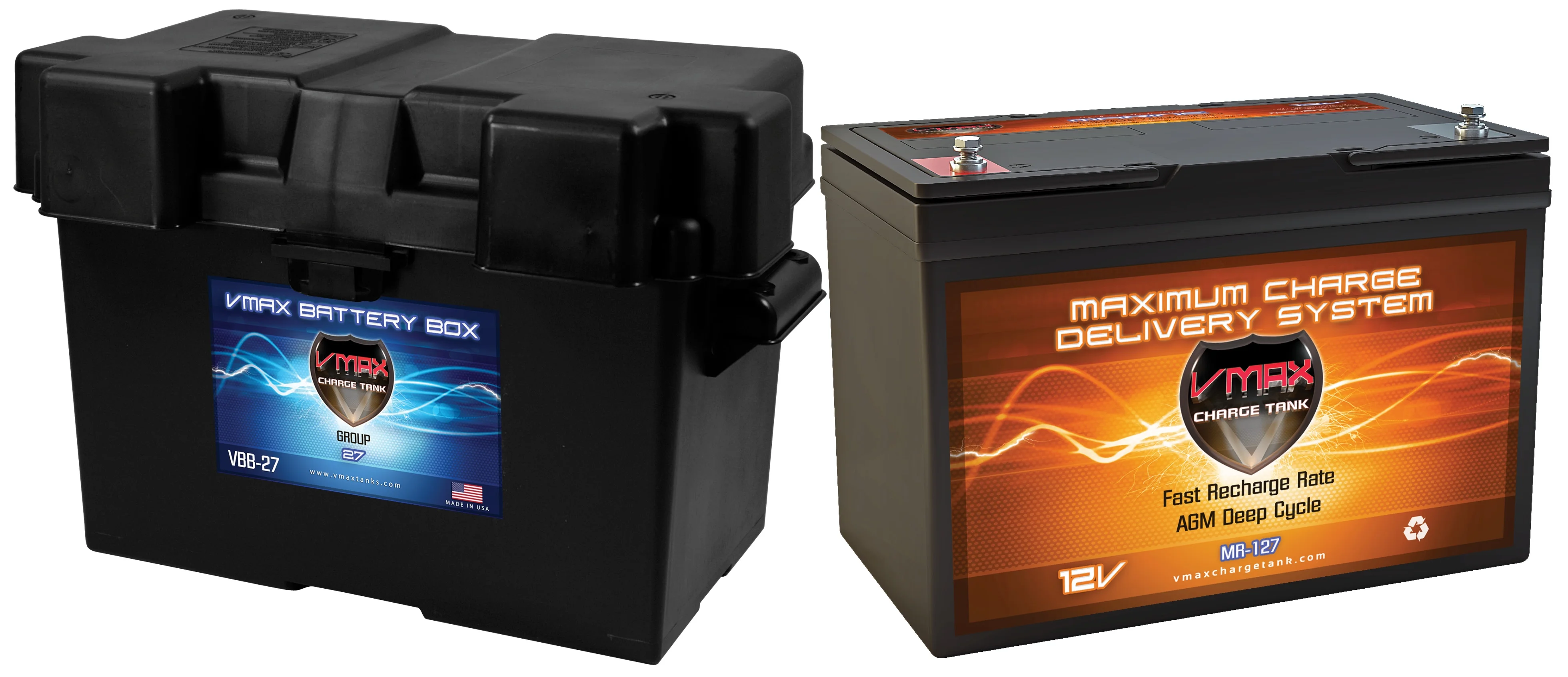 VMAX MR127-100 + Marine Box Deep Cycle Battery Replaces Power Volt V27DC7 12 Volt 100Ah AGM Group 27