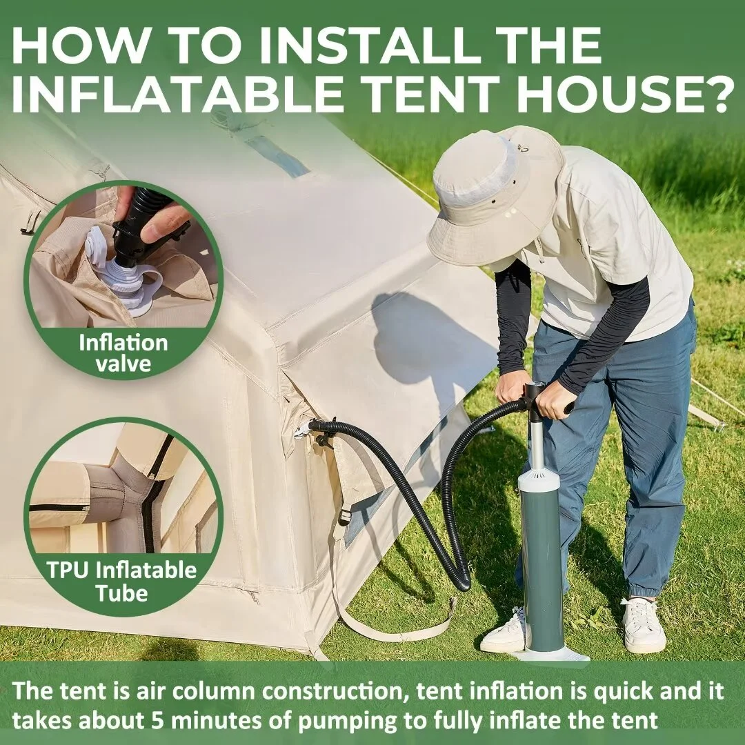 Docred Inflatable Glamping Tent with Pump, 4-6 Person Extra Large Inflatable House Tents ,Glamping Tents Sun Shelter with Mesh & Chimney Window