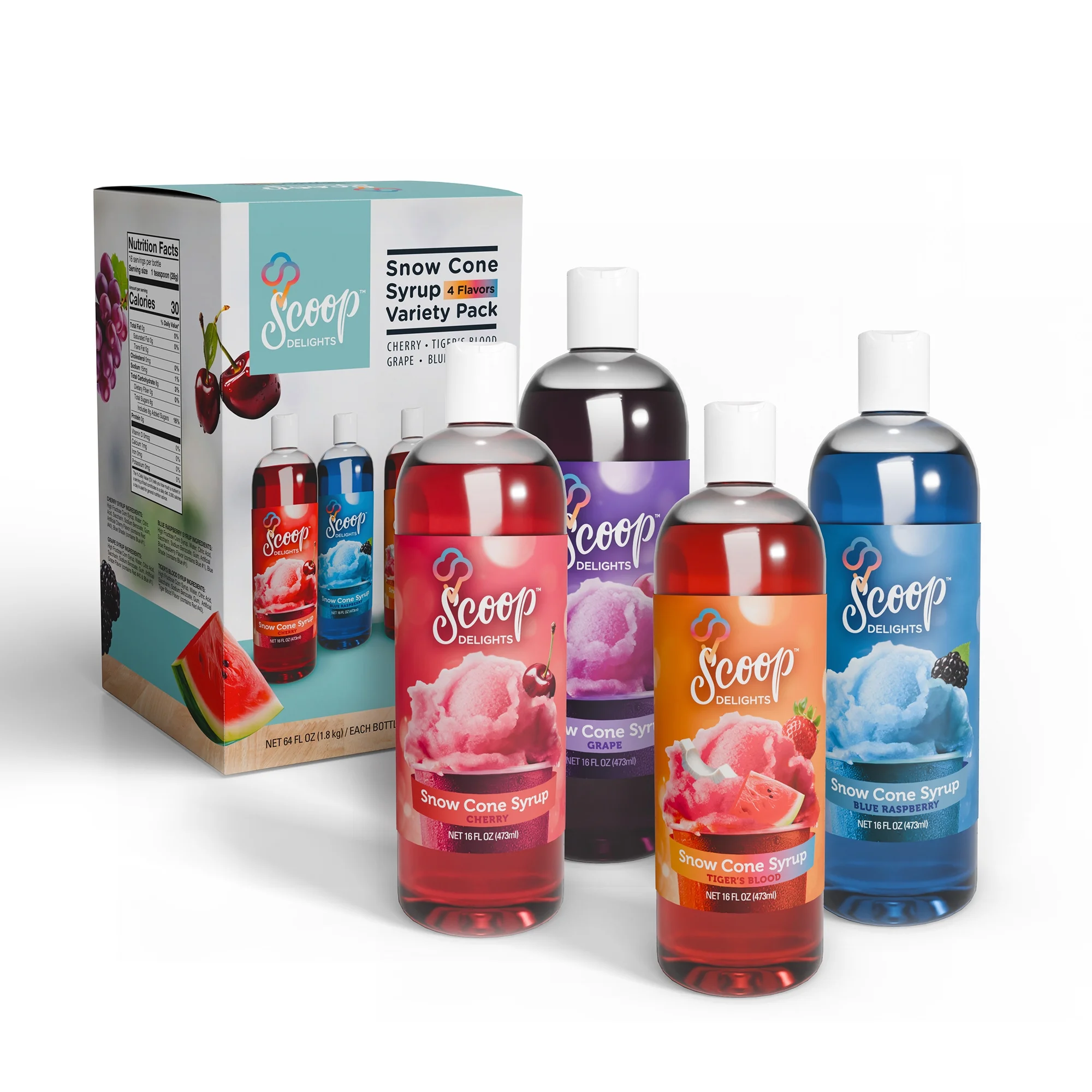 Scoop Delights Shaved Ice Syrup 4 Assorted Bottles, 16 oz Snow Cone Flavors, for All Ages