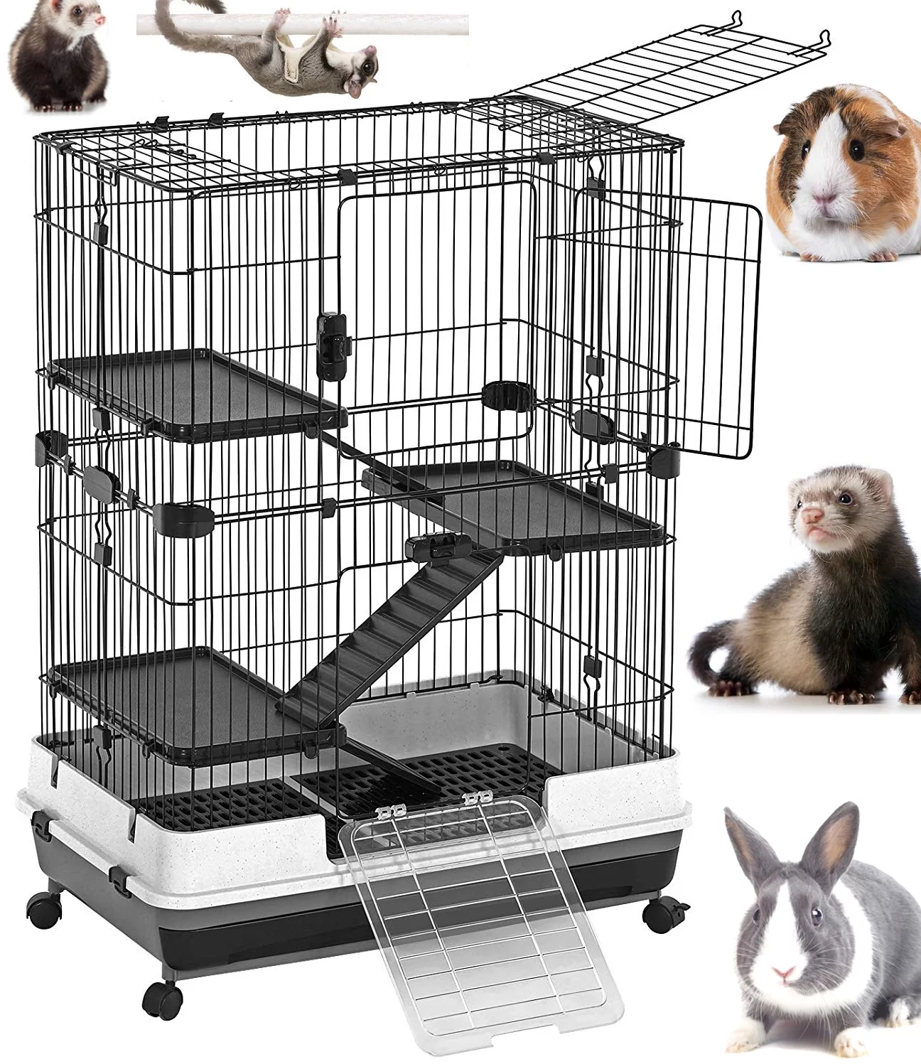 X-Large Deluxe 43” 4-Story Indoor/Outdoor Rabbit Bunny Guinea Pig Hutch Chinchilla Ferret Hedgehog Home Cage Paw Safe Solid Platform Ladder Bottom Mesh Floor Easy Slide Out Washable Tray