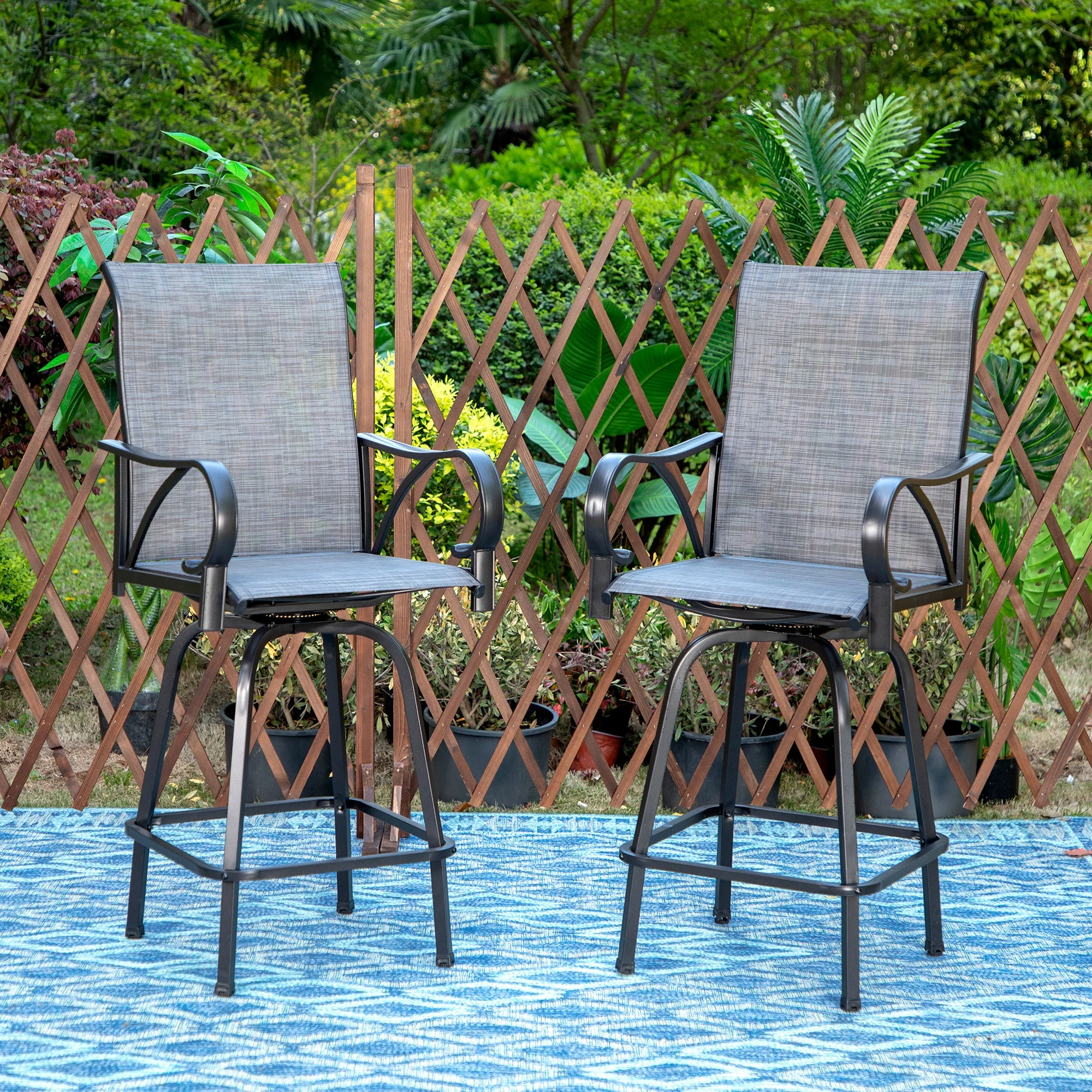 MF Stuido Outdoor Metal Swivel Bar Stools Set of 2,Patio Bar Counter Height Bistro Chairs,Black&Grey