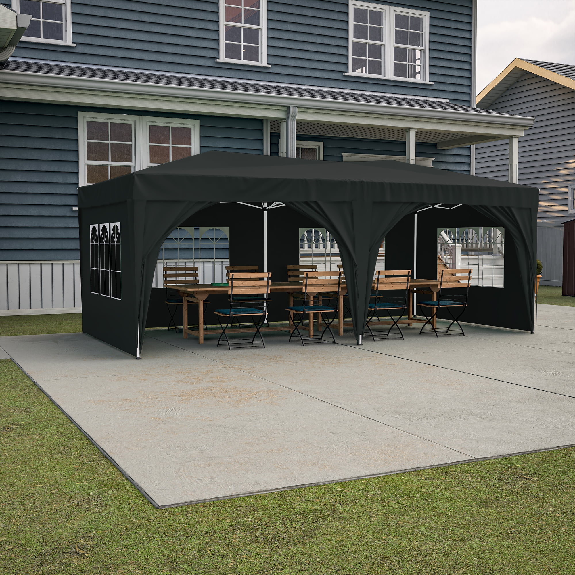 Al Fresco 10x20 Pop Up Canopy Tent, Ez Pop Up Outdoor Party Canopy Tent with 6 Removable Sidewalls, Heavy Duty Waterproof Gazebo Backyard Pavilion for Wedding Cater Events, Black