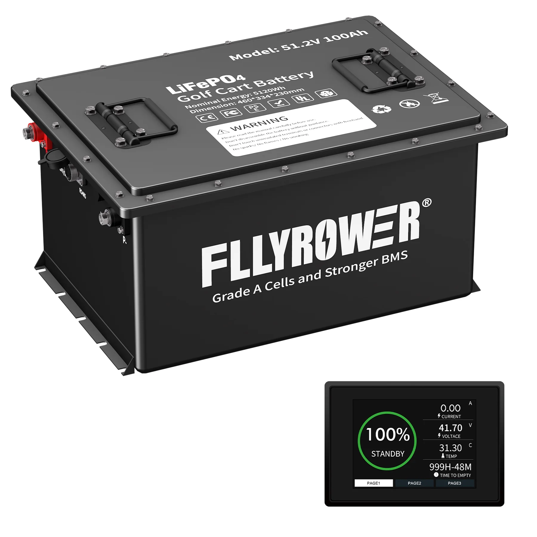 FLLYROWER Lifepo4 48V 100AH Golf Cart Battery with 200A BMS high Current Continuous Operation Grade A Cells 10000+ Deep Cycles Include Battery Monitor